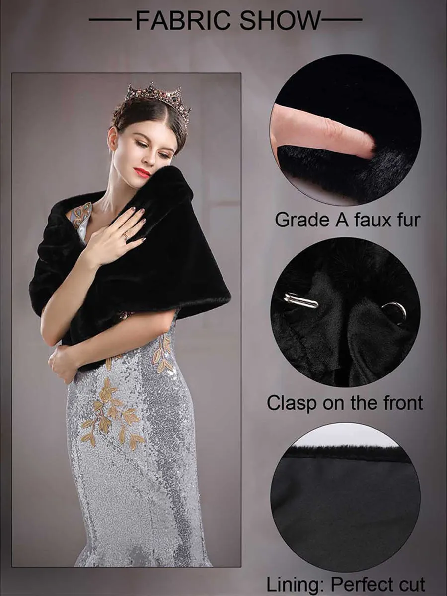 2025 Elegant Black Faux Fur Wedding Shawl for Ladies