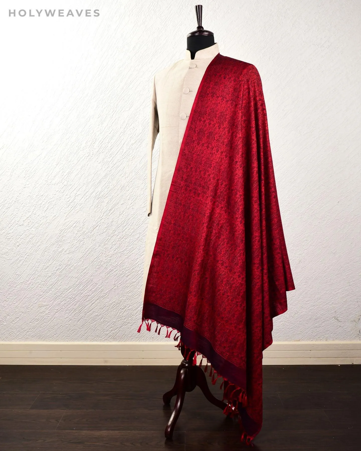Black On Red Banarasi Alfi Paisley Jamawar Handwoven Silk-wool Shawl