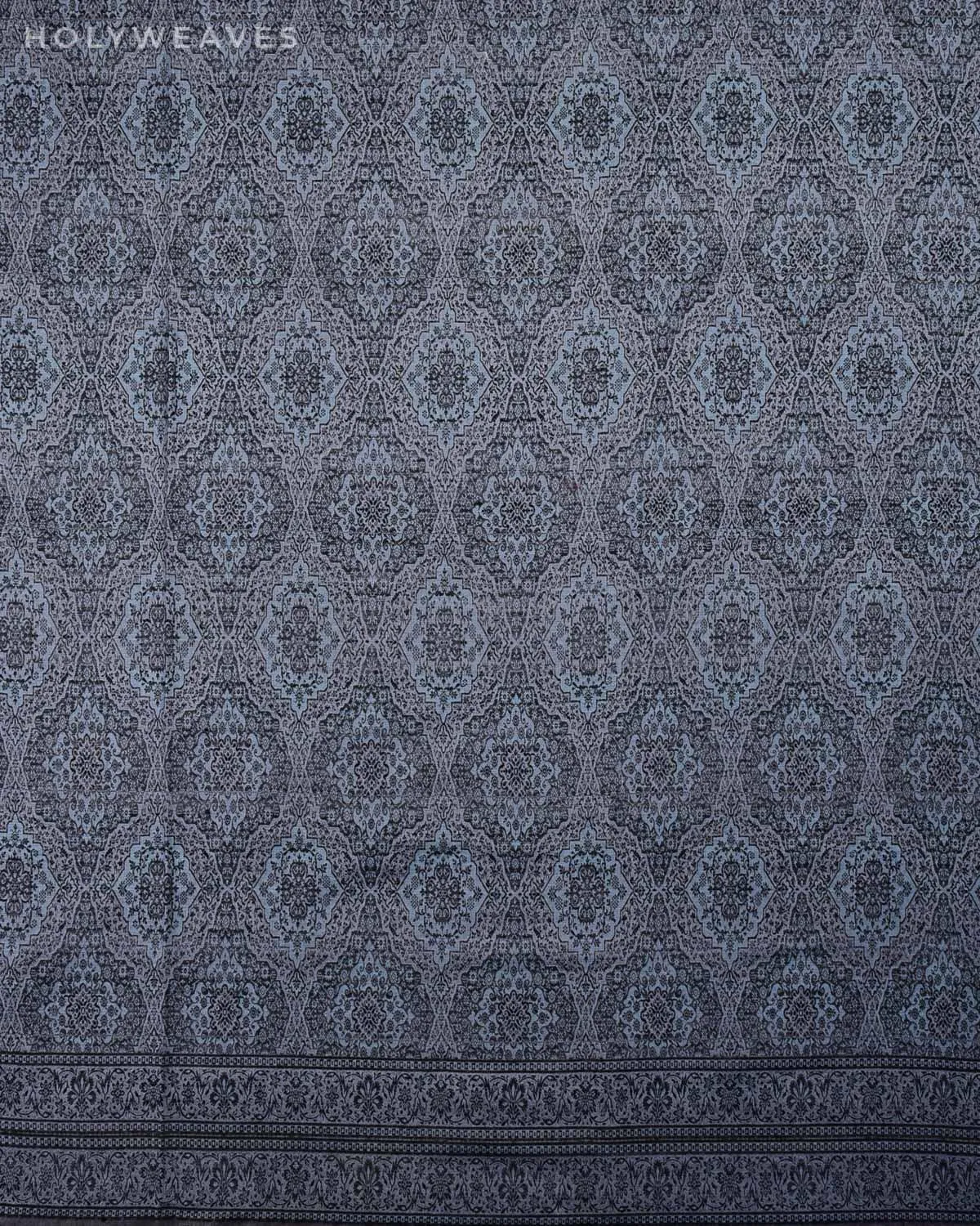 Blue On Gray Banarasi Alfi Damask Jamawar Handwoven Silk-wool Shawl
