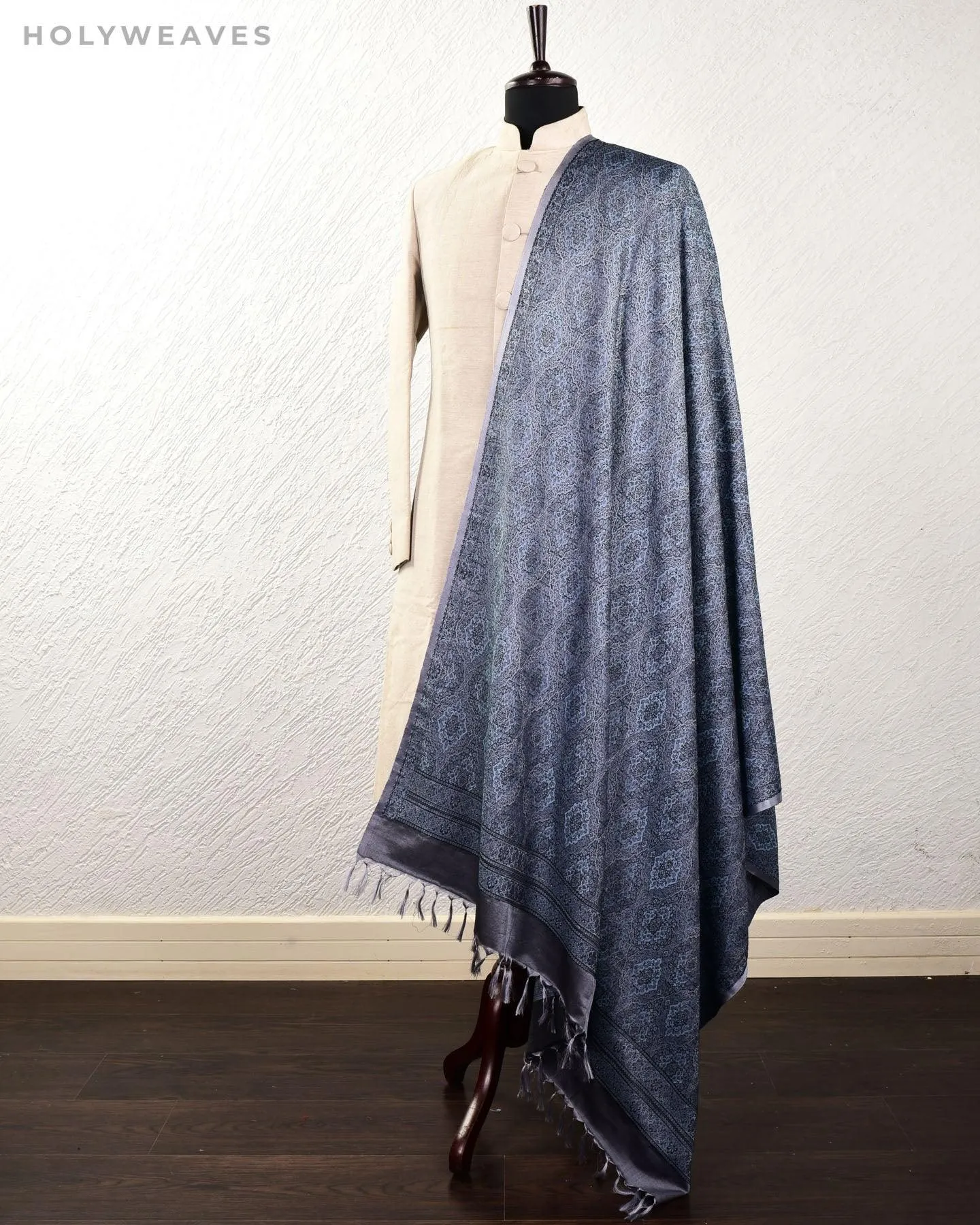 Blue On Gray Banarasi Alfi Damask Jamawar Handwoven Silk-wool Shawl