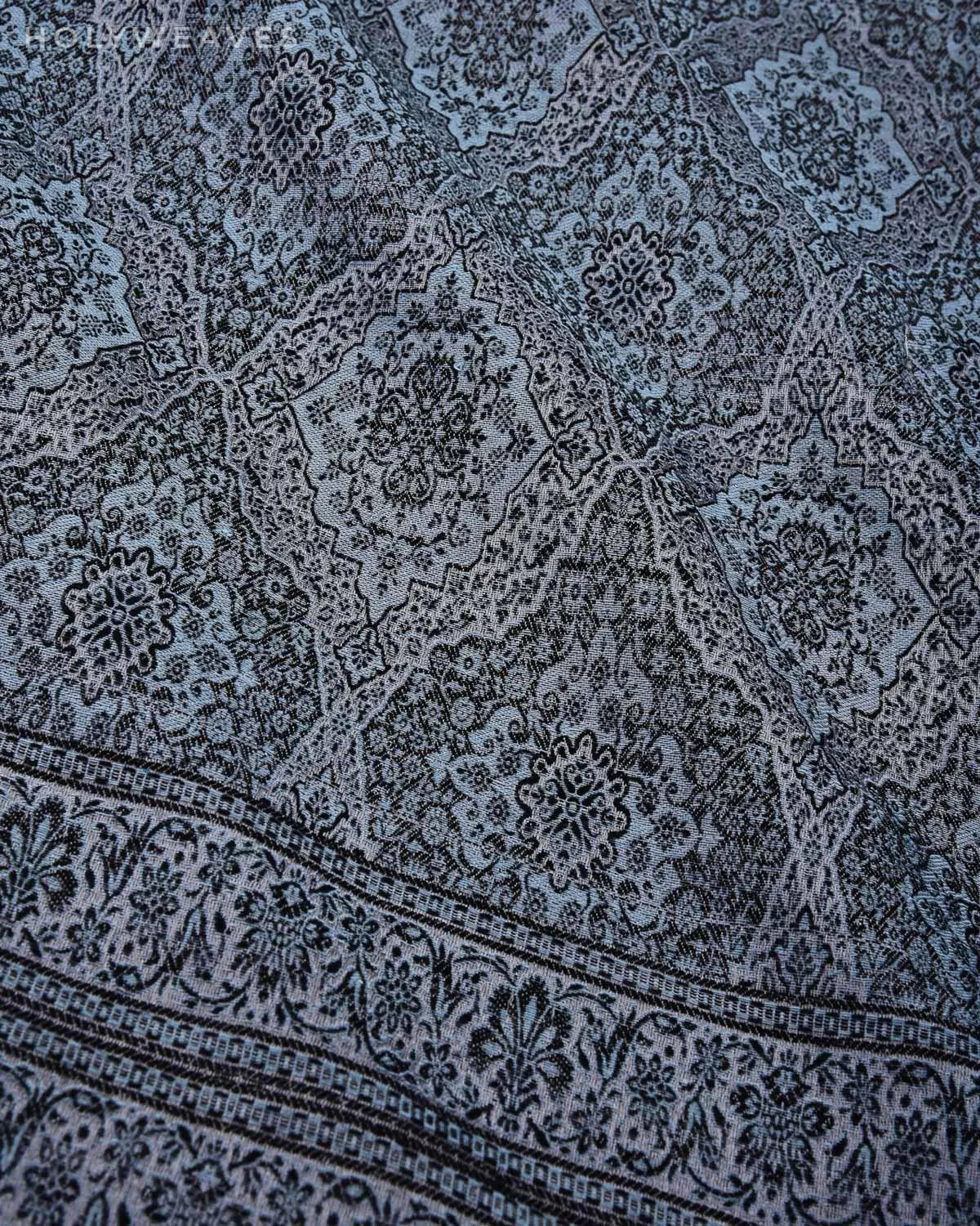 Blue On Gray Banarasi Alfi Damask Jamawar Handwoven Silk-wool Shawl