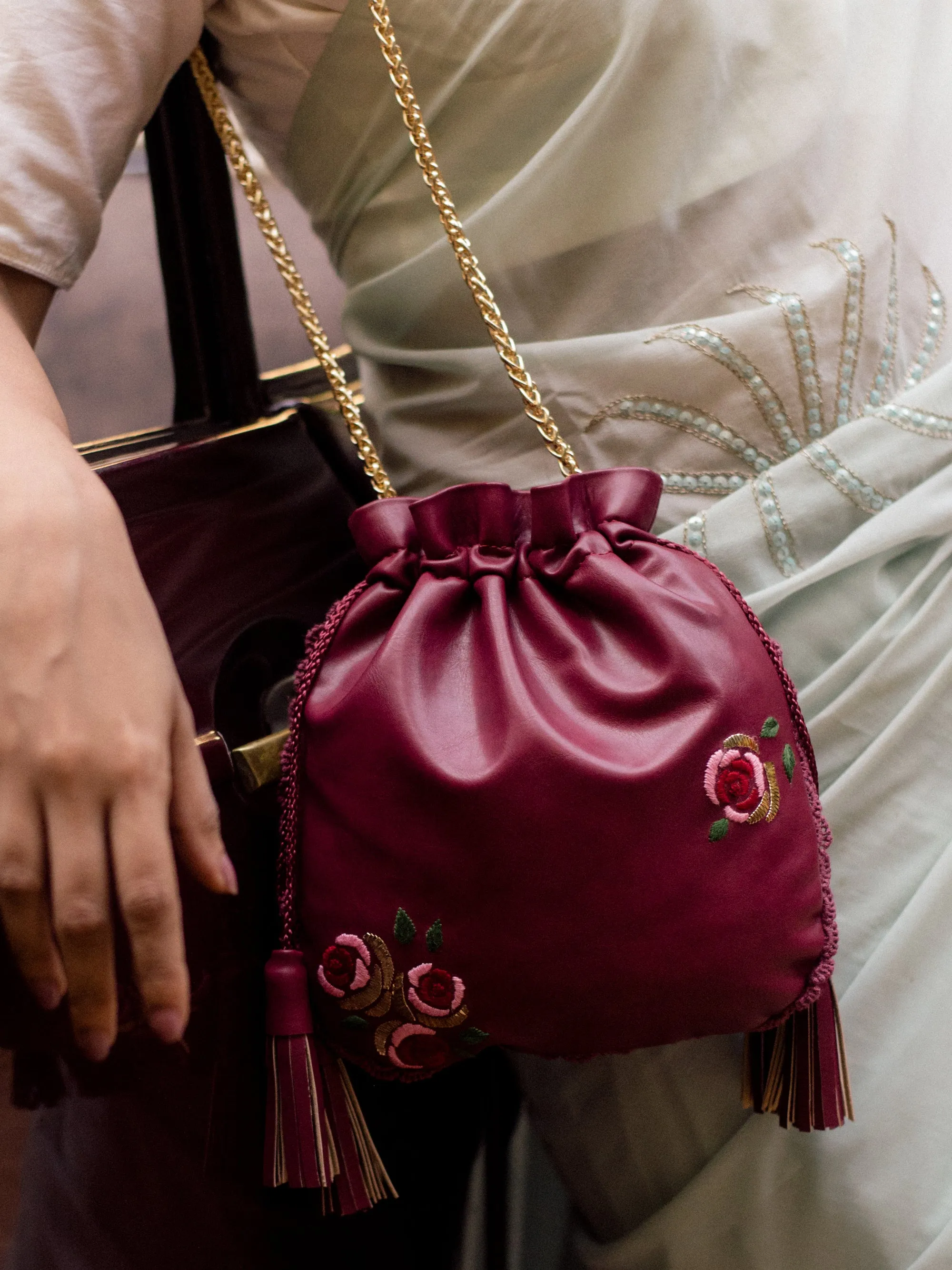 Burgundy Hand Embroidered Roses Potli Bag
