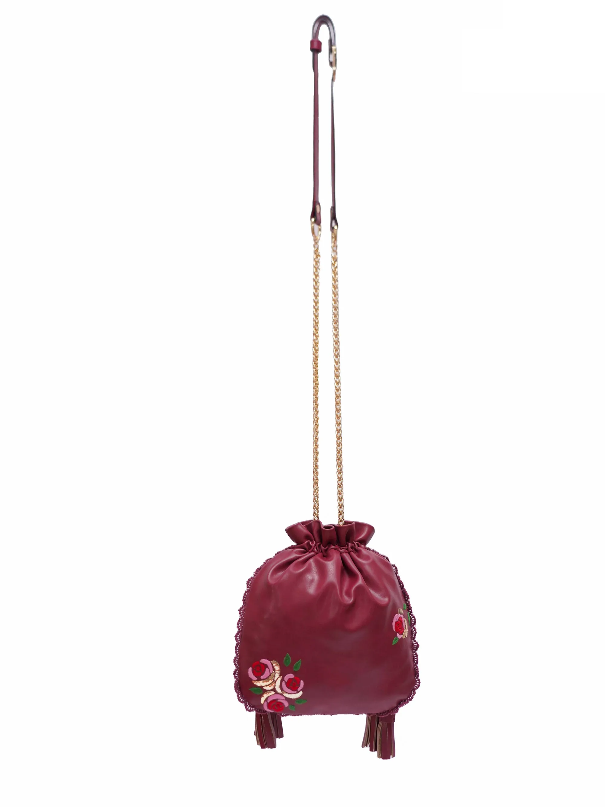 Burgundy Hand Embroidered Roses Potli Bag