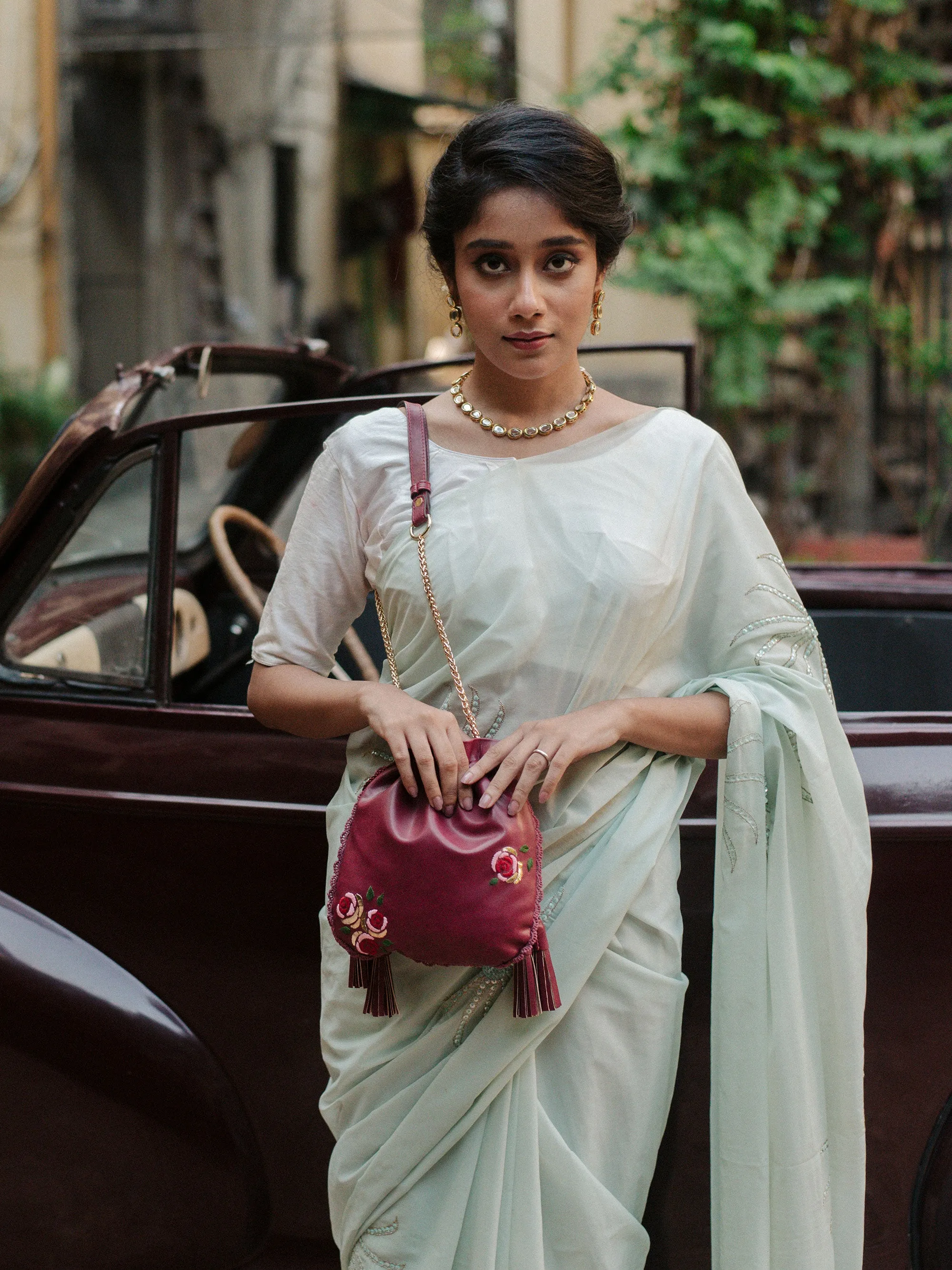 Burgundy Hand Embroidered Roses Potli Bag