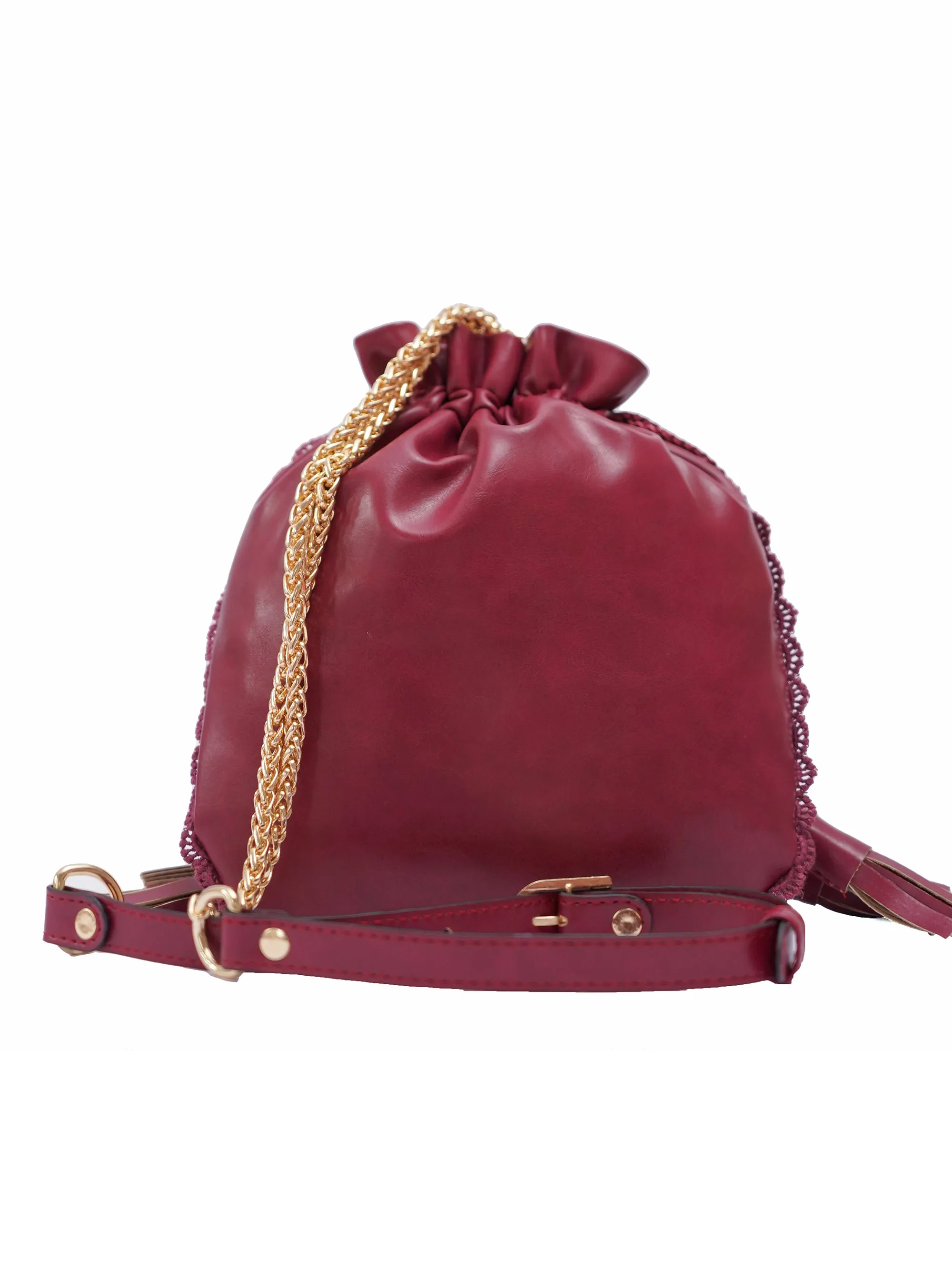 Burgundy Hand Embroidered Roses Potli Bag