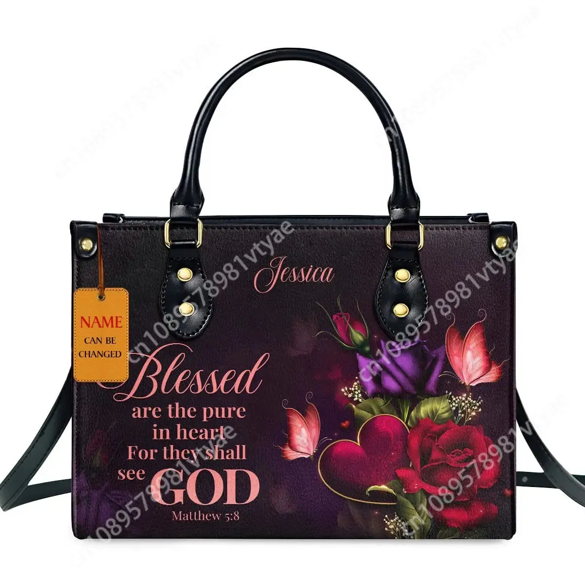 Butterfly and Flower Print Custom Name Leather Handbags for Women Elegant Shoulder Bag