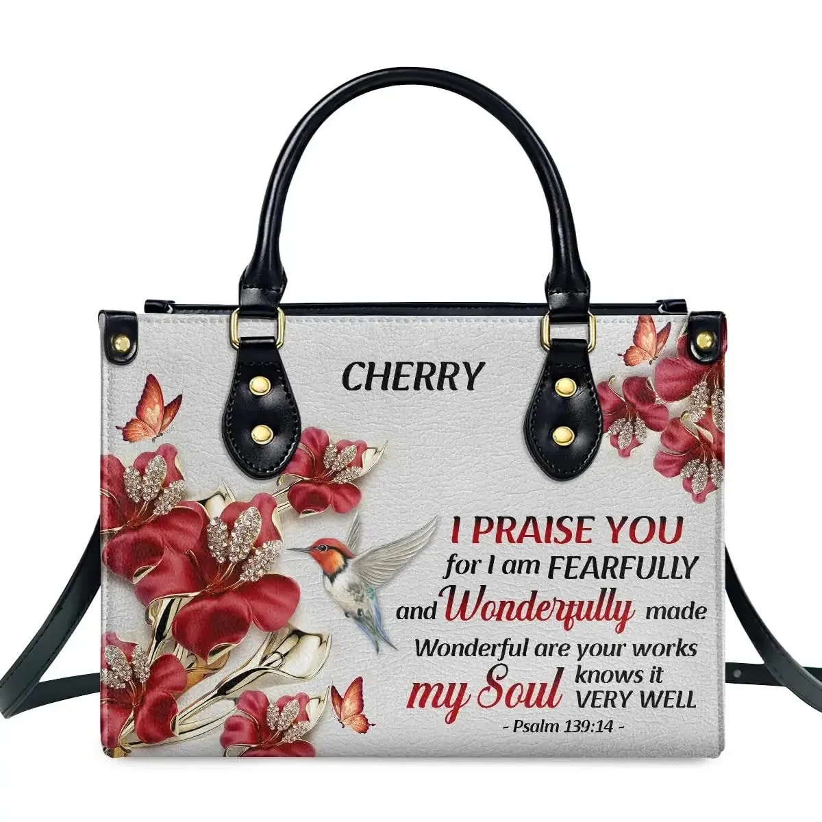 Butterfly and Flower Print Custom Name Leather Handbags for Women Elegant Shoulder Bag