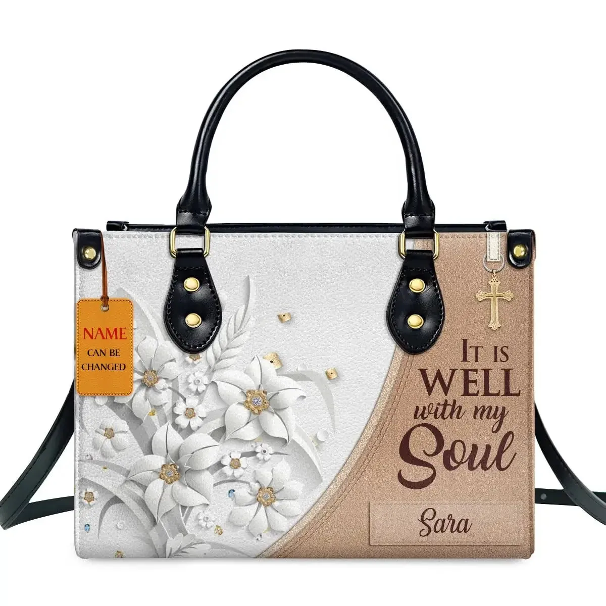 Butterfly and Flower Print Custom Name Leather Handbags for Women Elegant Shoulder Bag