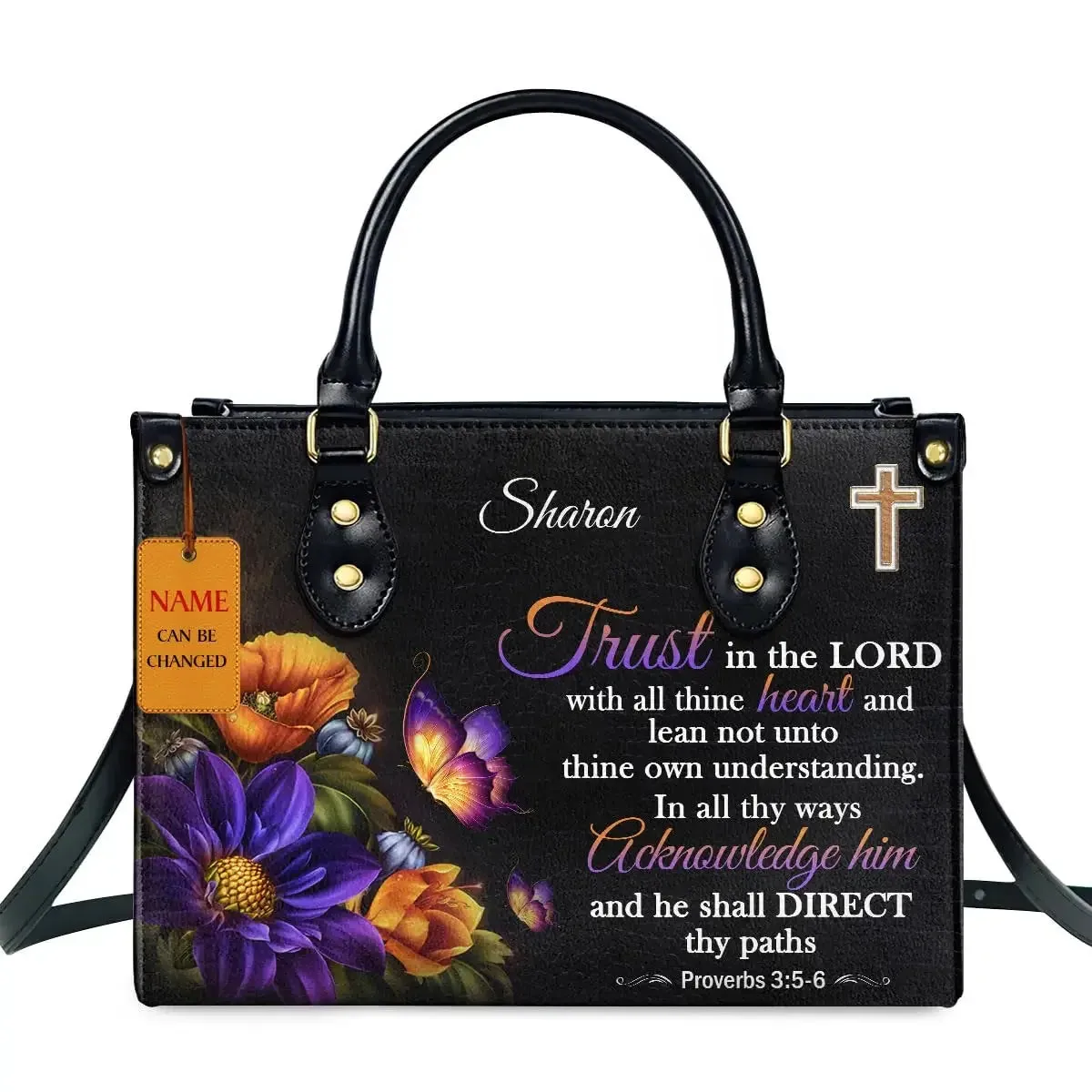 Butterfly and Flower Print Custom Name Leather Handbags for Women Elegant Shoulder Bag