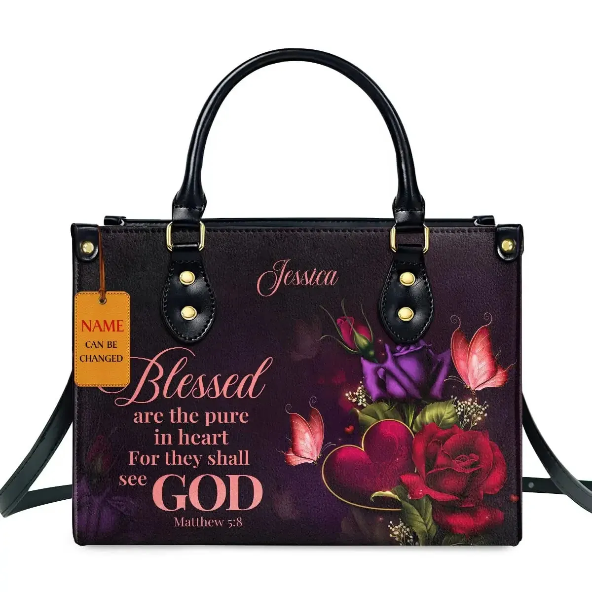 Butterfly and Flower Print Custom Name Leather Handbags for Women Elegant Shoulder Bag