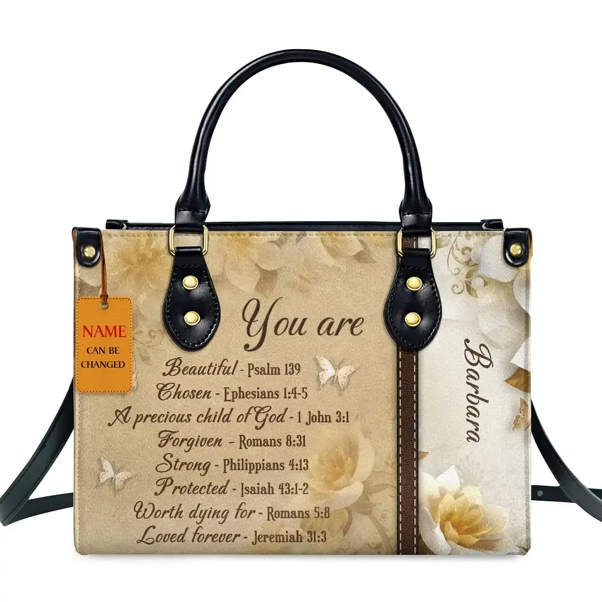 Butterfly and Flower Print Custom Name Leather Handbags for Women Elegant Shoulder Bag