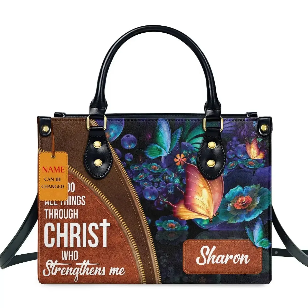 Butterfly and Flower Print Custom Name Leather Handbags for Women Elegant Shoulder Bag