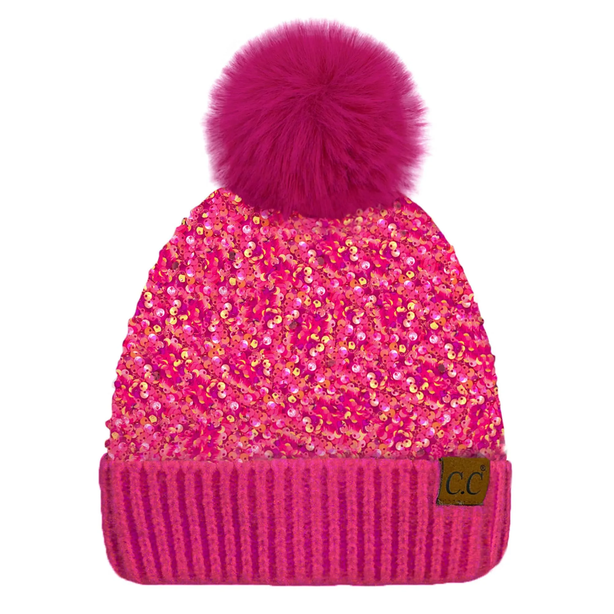 CC Kids Sequin Faux Fur Pom Beanie