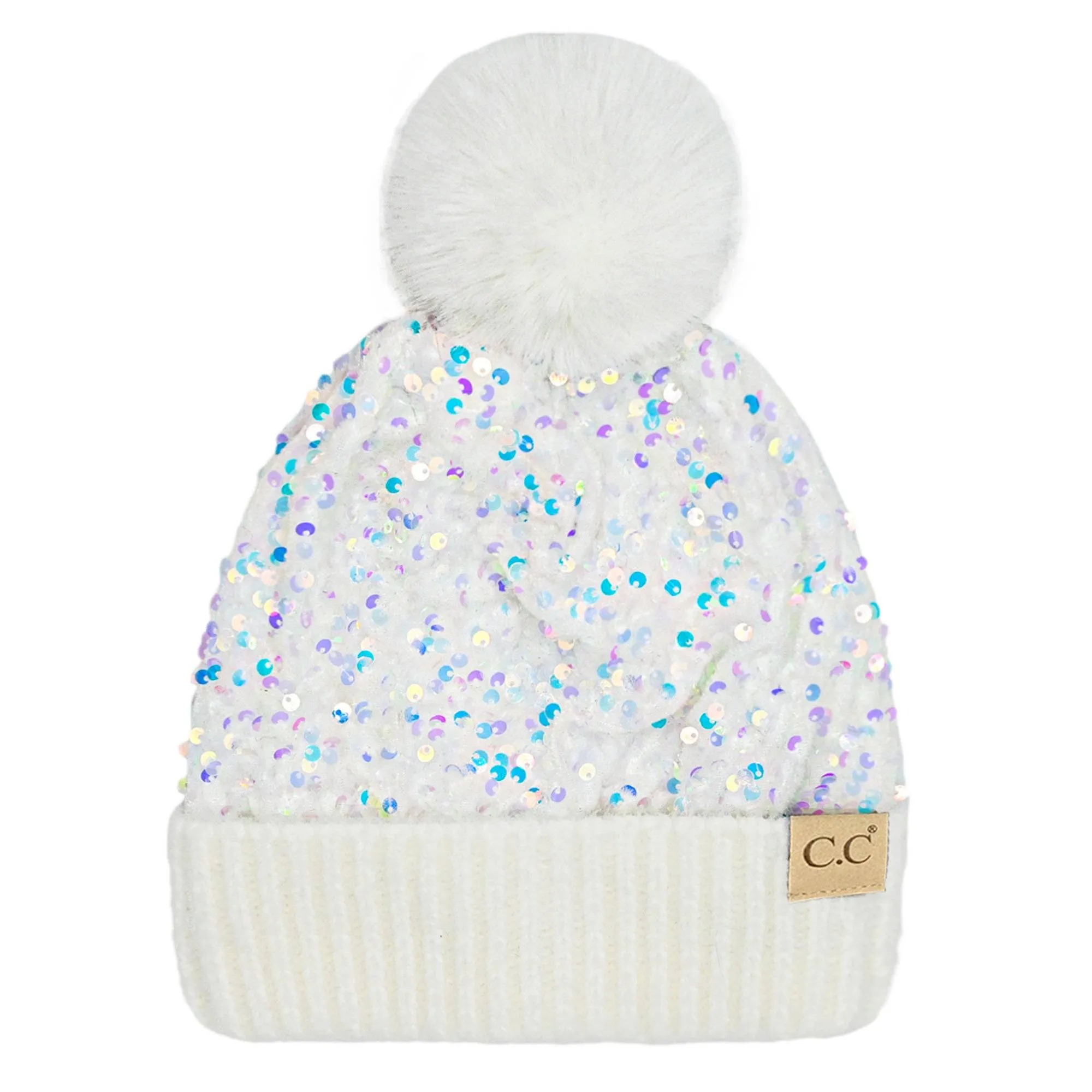 CC Kids Sequin Faux Fur Pom Beanie