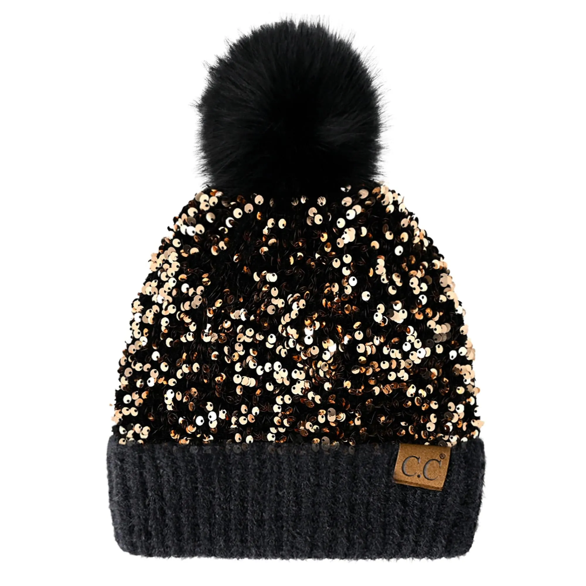 CC Kids Sequin Faux Fur Pom Beanie