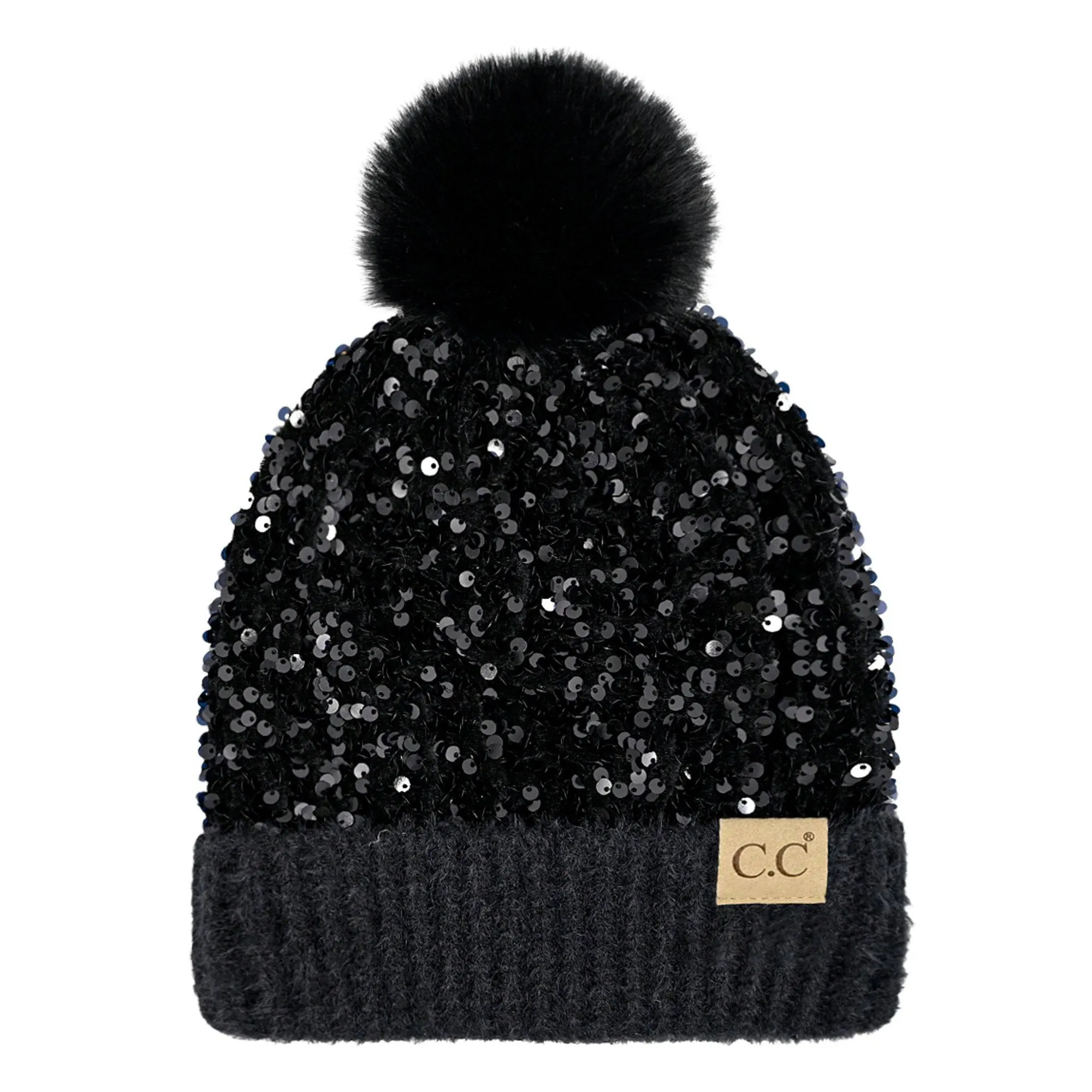 CC Kids Sequin Faux Fur Pom Beanie