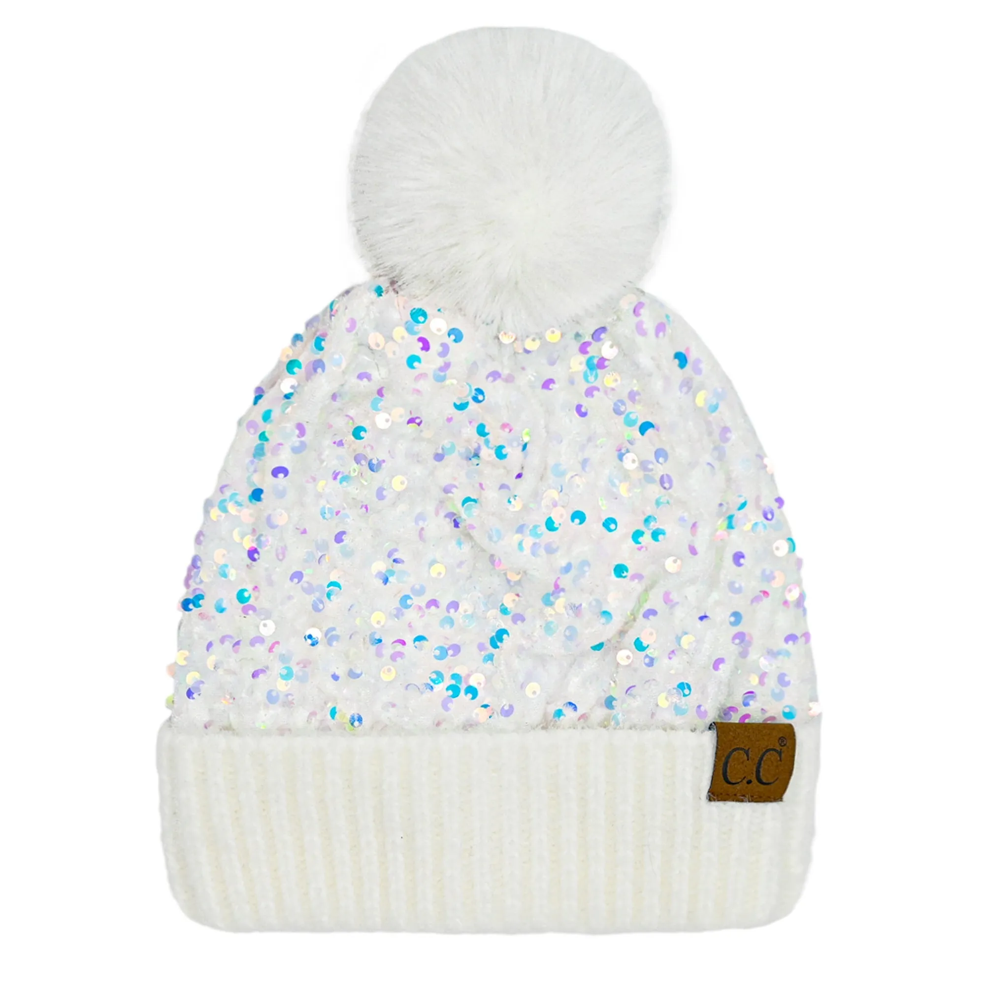 CC Kids Sequin Faux Fur Pom Beanie
