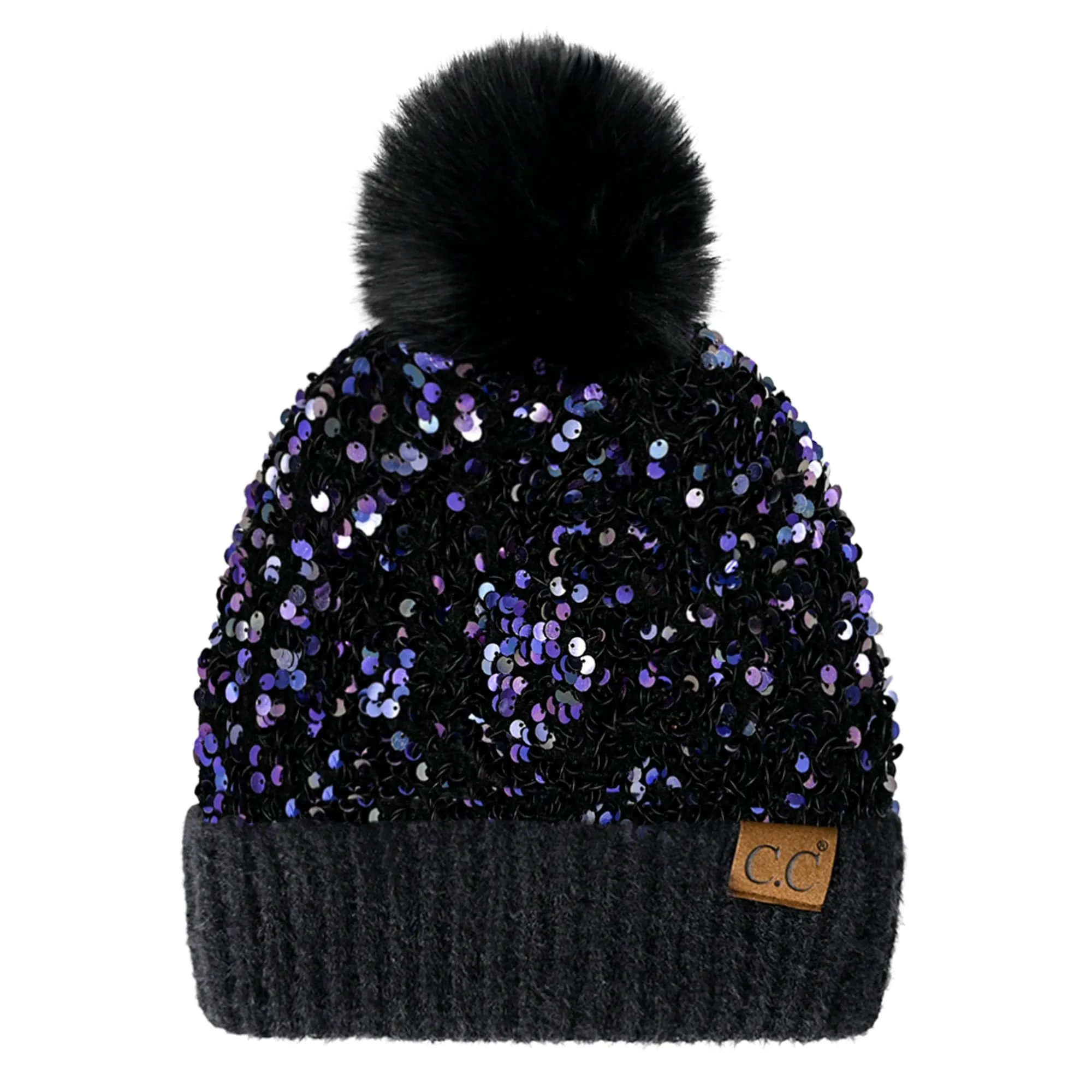 CC Kids Sequin Faux Fur Pom Beanie