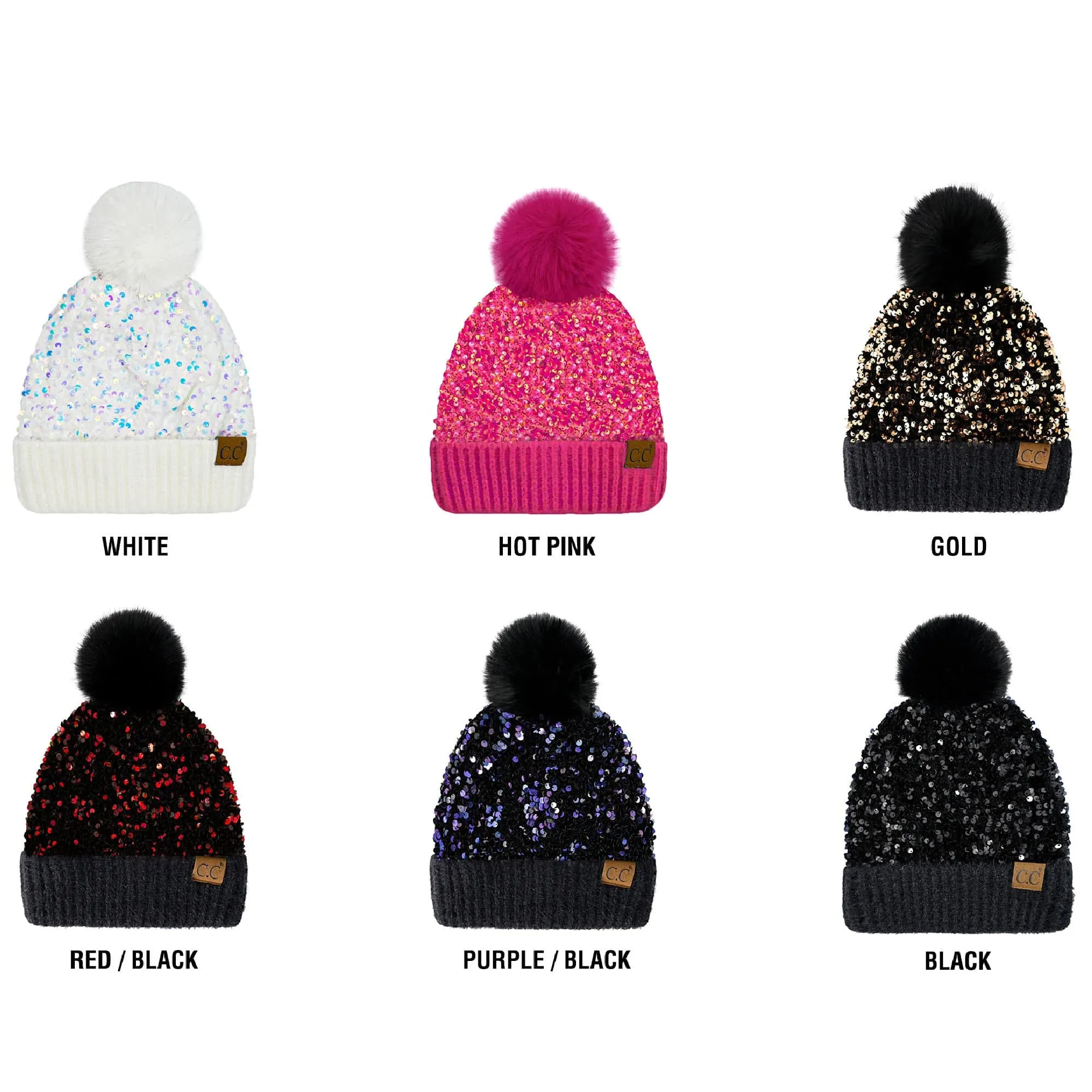 CC Kids Sequin Faux Fur Pom Beanie