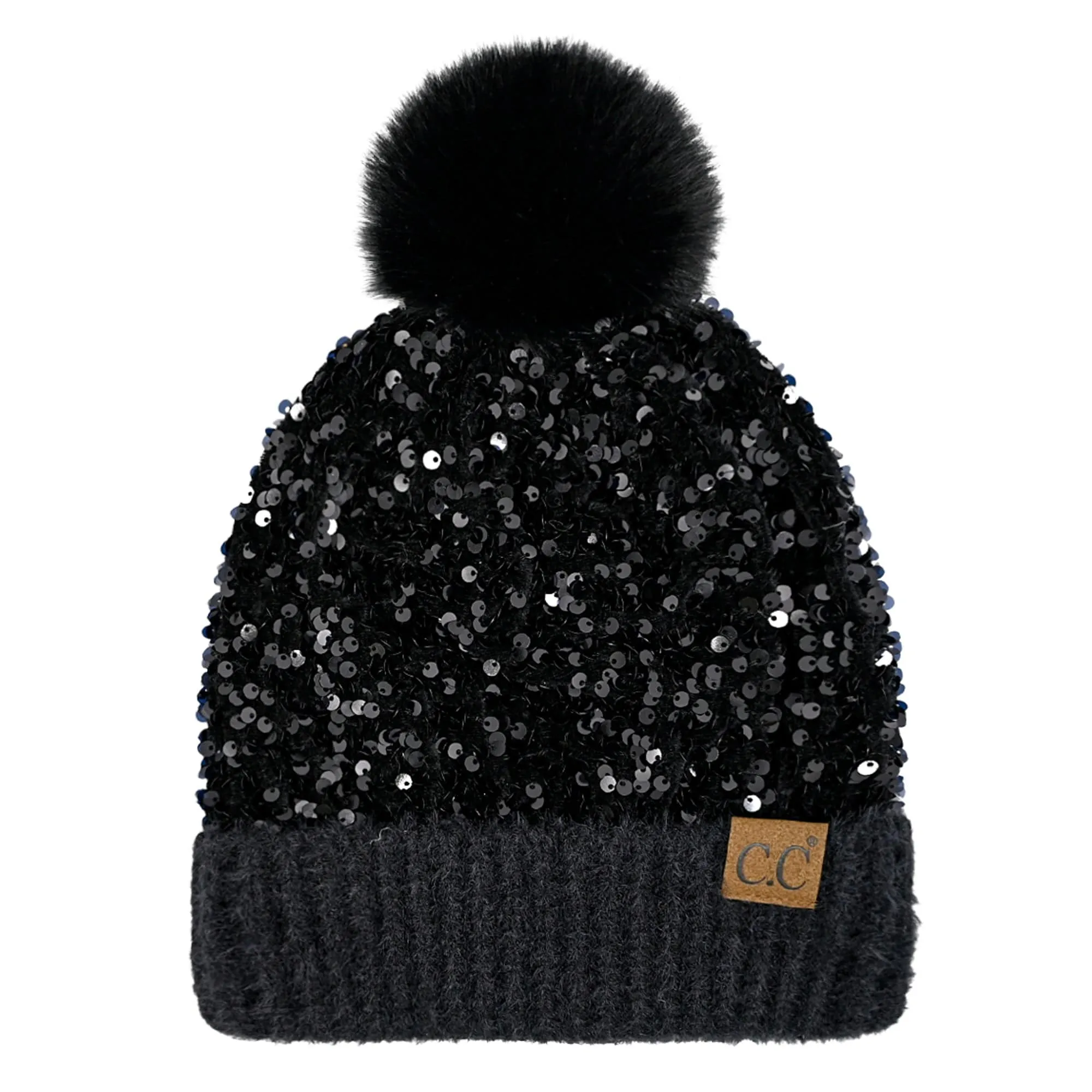 CC Kids Sequin Faux Fur Pom Beanie