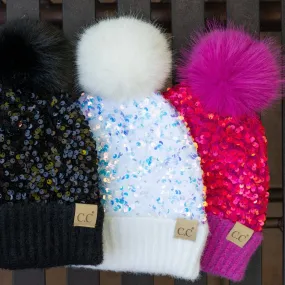 CC Kids Sequin Faux Fur Pom Beanie