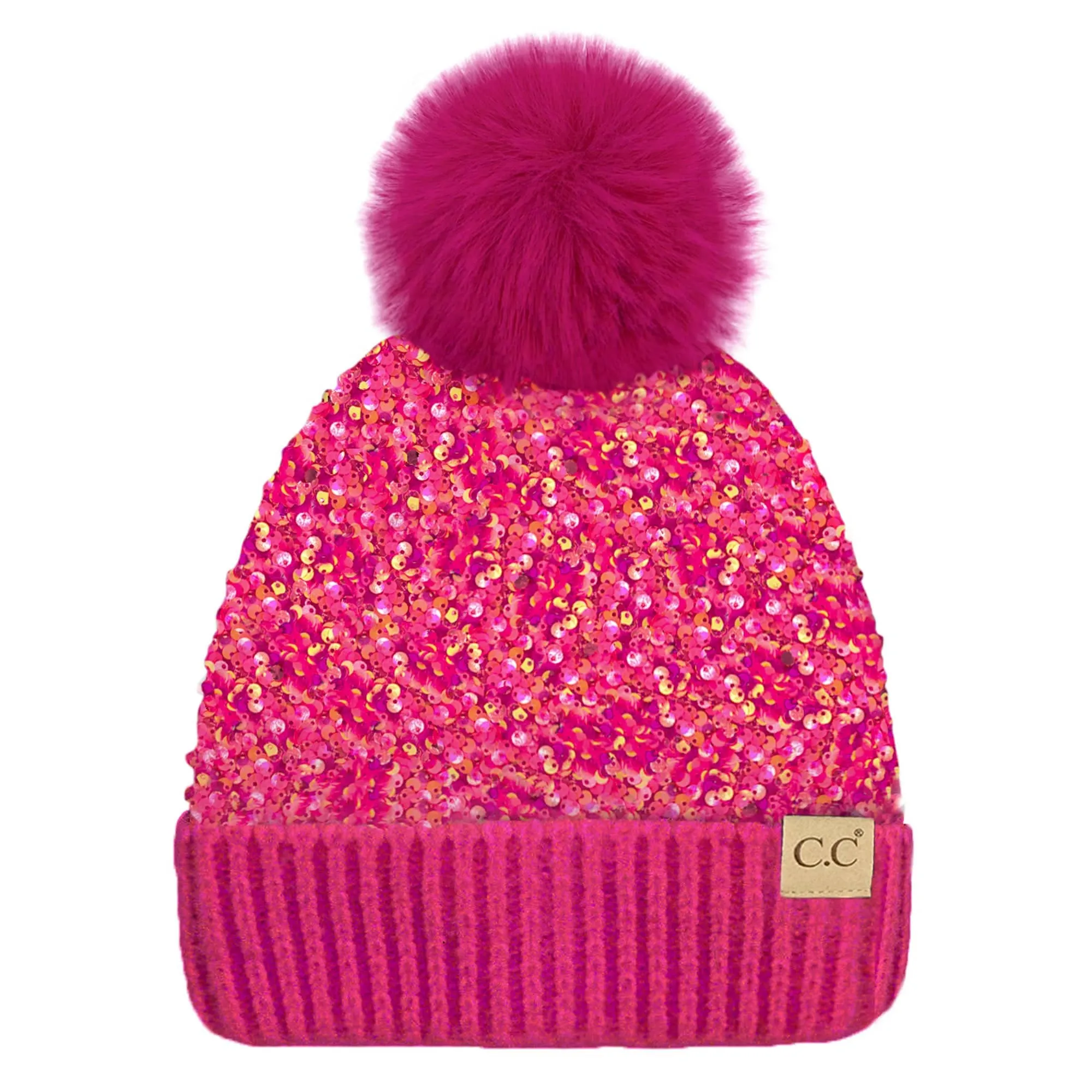 CC Kids Sequin Faux Fur Pom Beanie