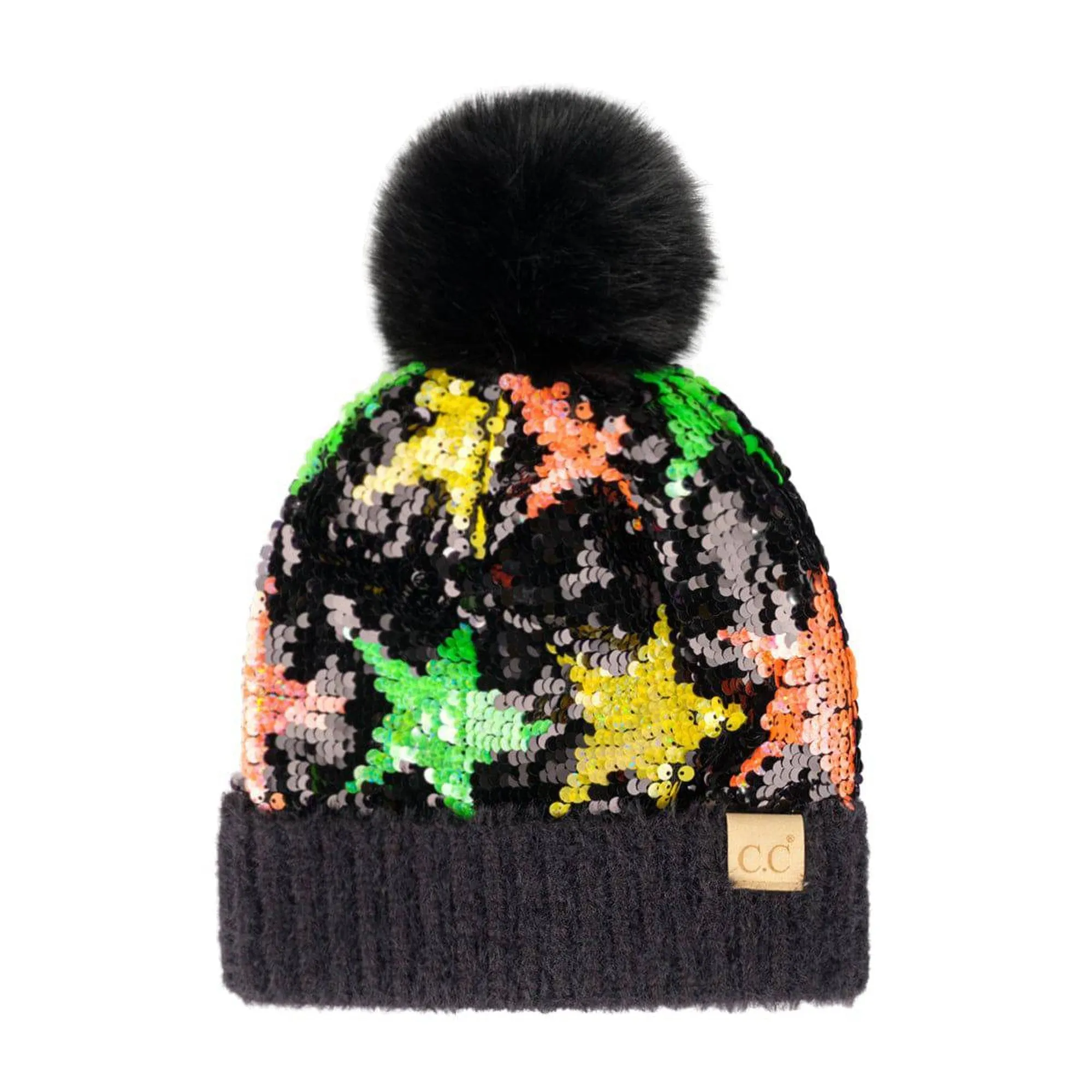 CC Kids Sequin Faux Fur Pom Beanie