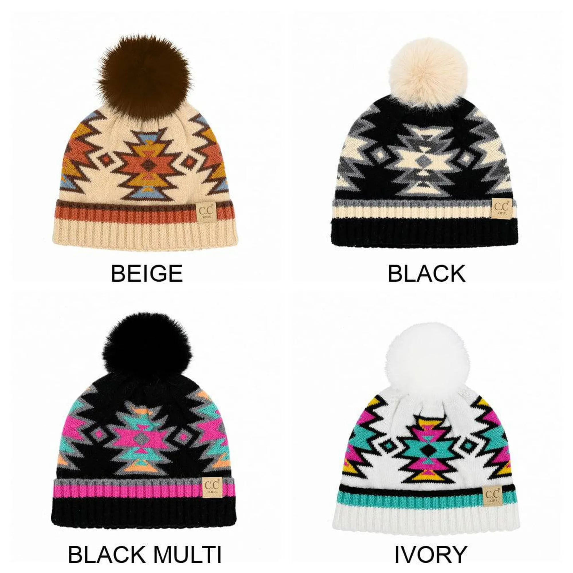 CC Kids South Western Pattern Faux Pom Beanie