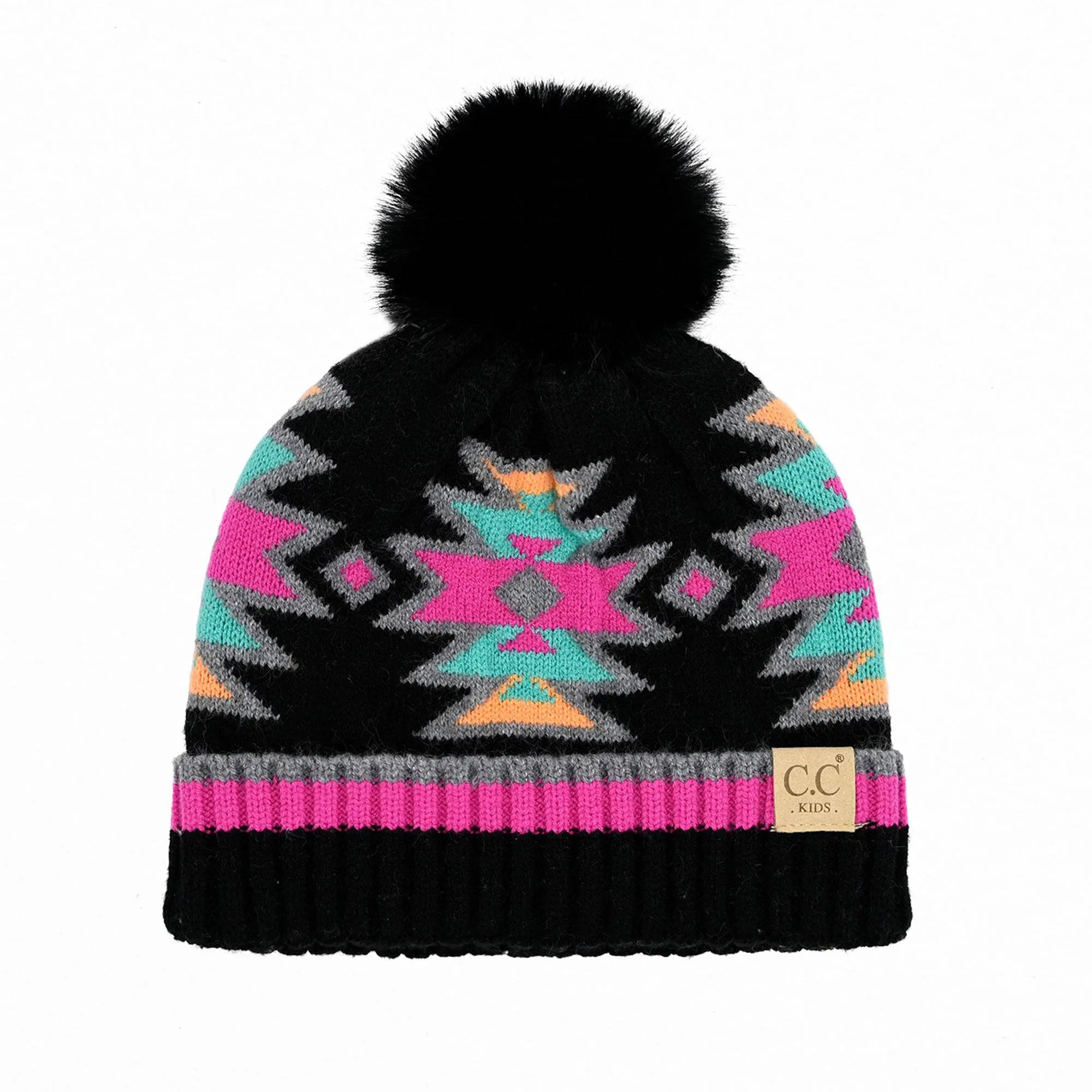 CC Kids South Western Pattern Faux Pom Beanie