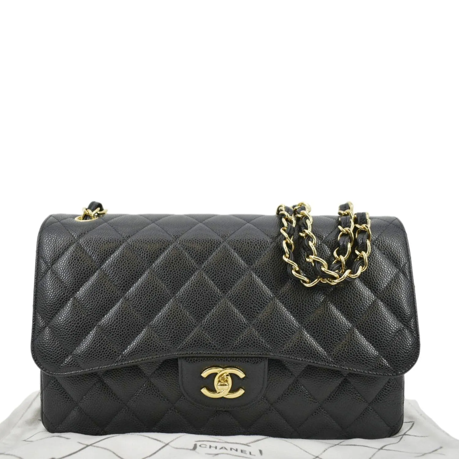 CHANEL Classic Medium Double Flap Quilted Caviar Leather Crossbody Bag Black
