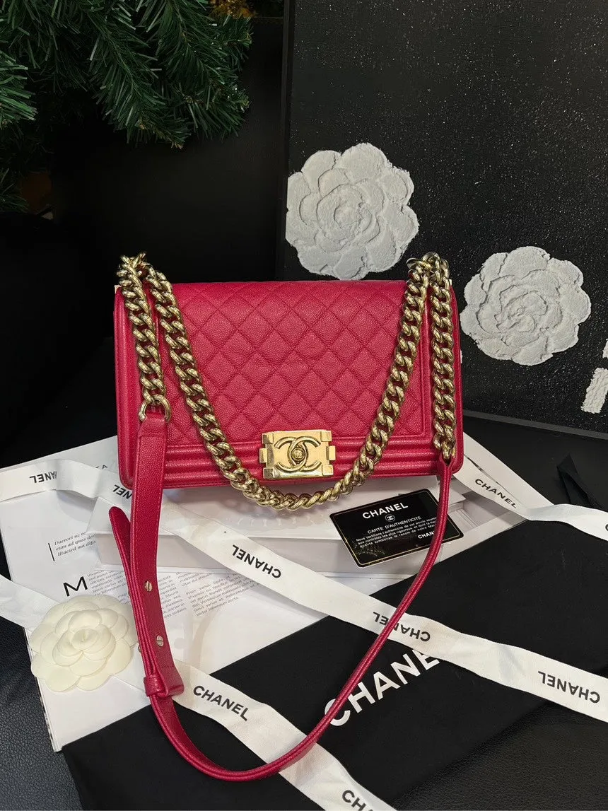 Chanel LeBoy Rose Red Gold Buckle Medium Crossbody Bag