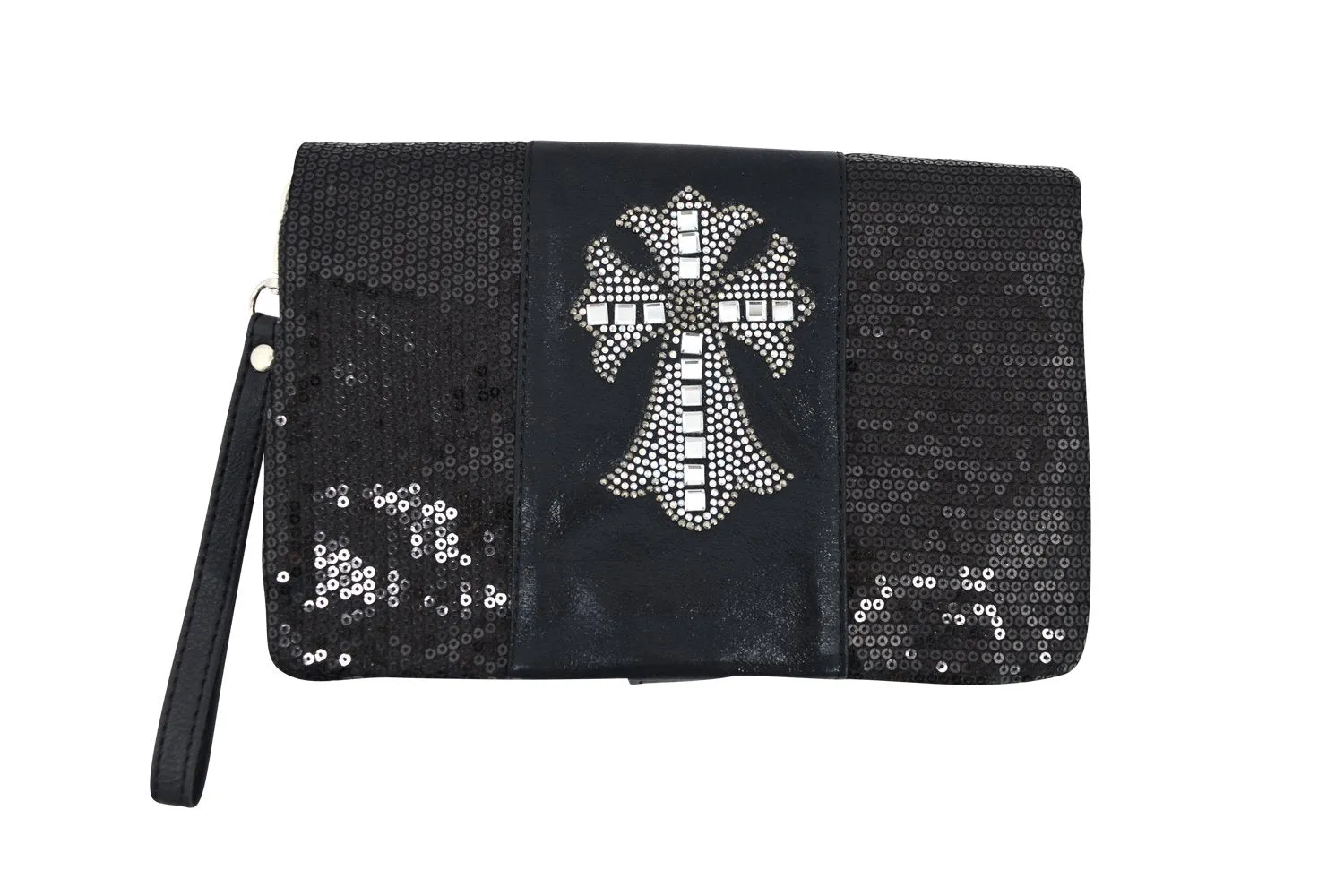 Crystal Cross Black Sequin Beaded Foldover Crossbody Bag - Wristlet Bag