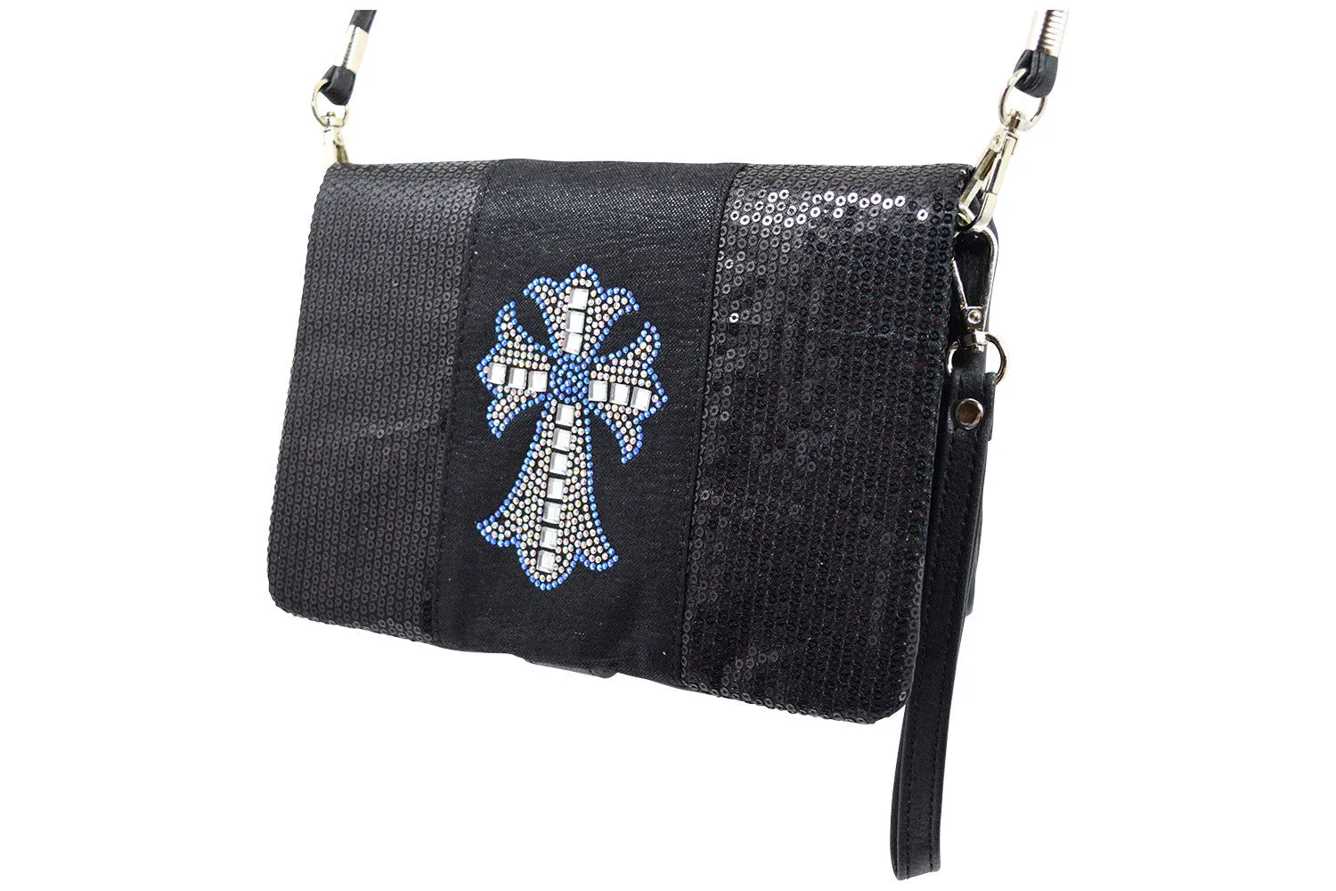 Crystal Cross Black Sequin Beaded Foldover Crossbody Bag - Wristlet Bag