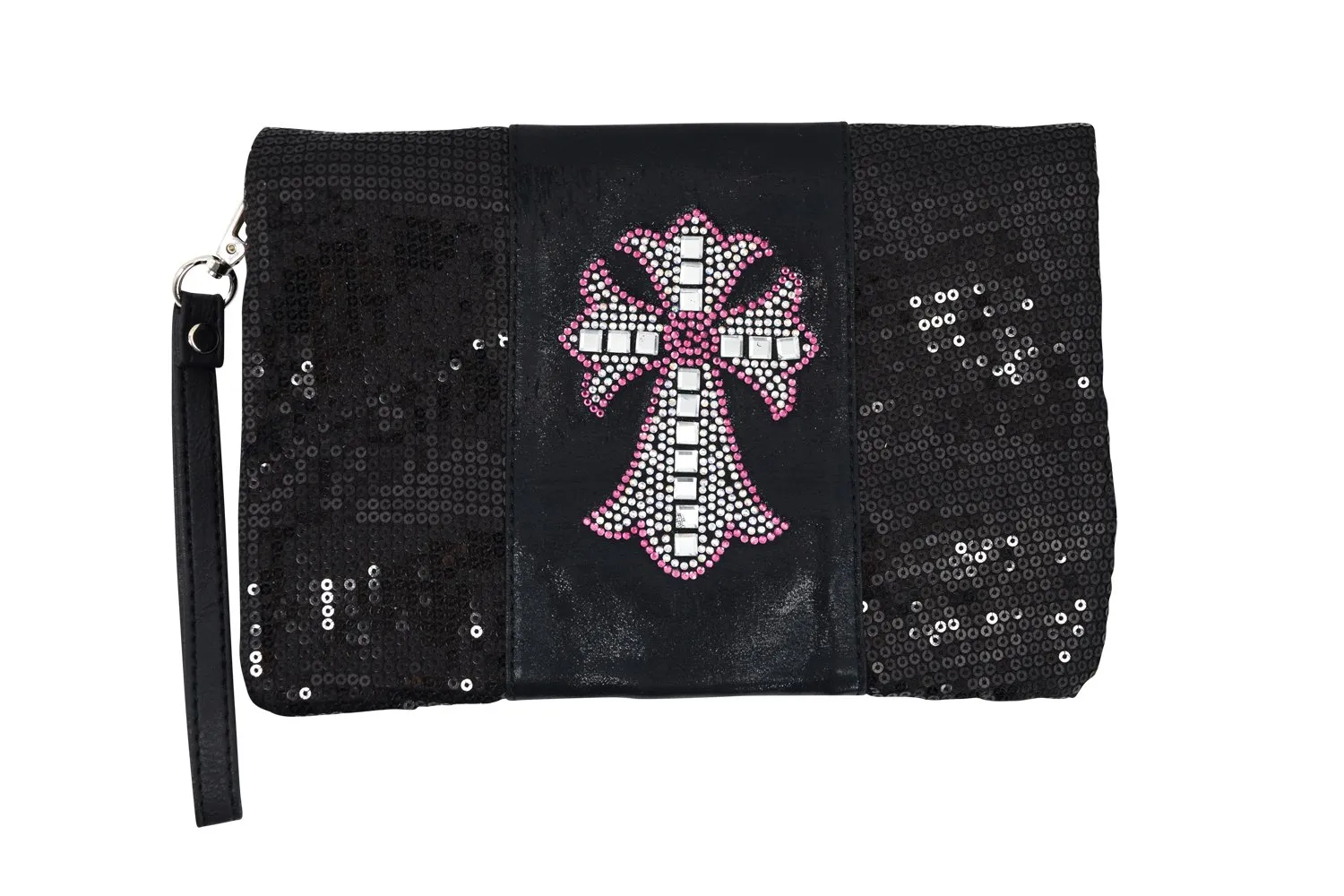 Crystal Cross Black Sequin Beaded Foldover Crossbody Bag - Wristlet Bag