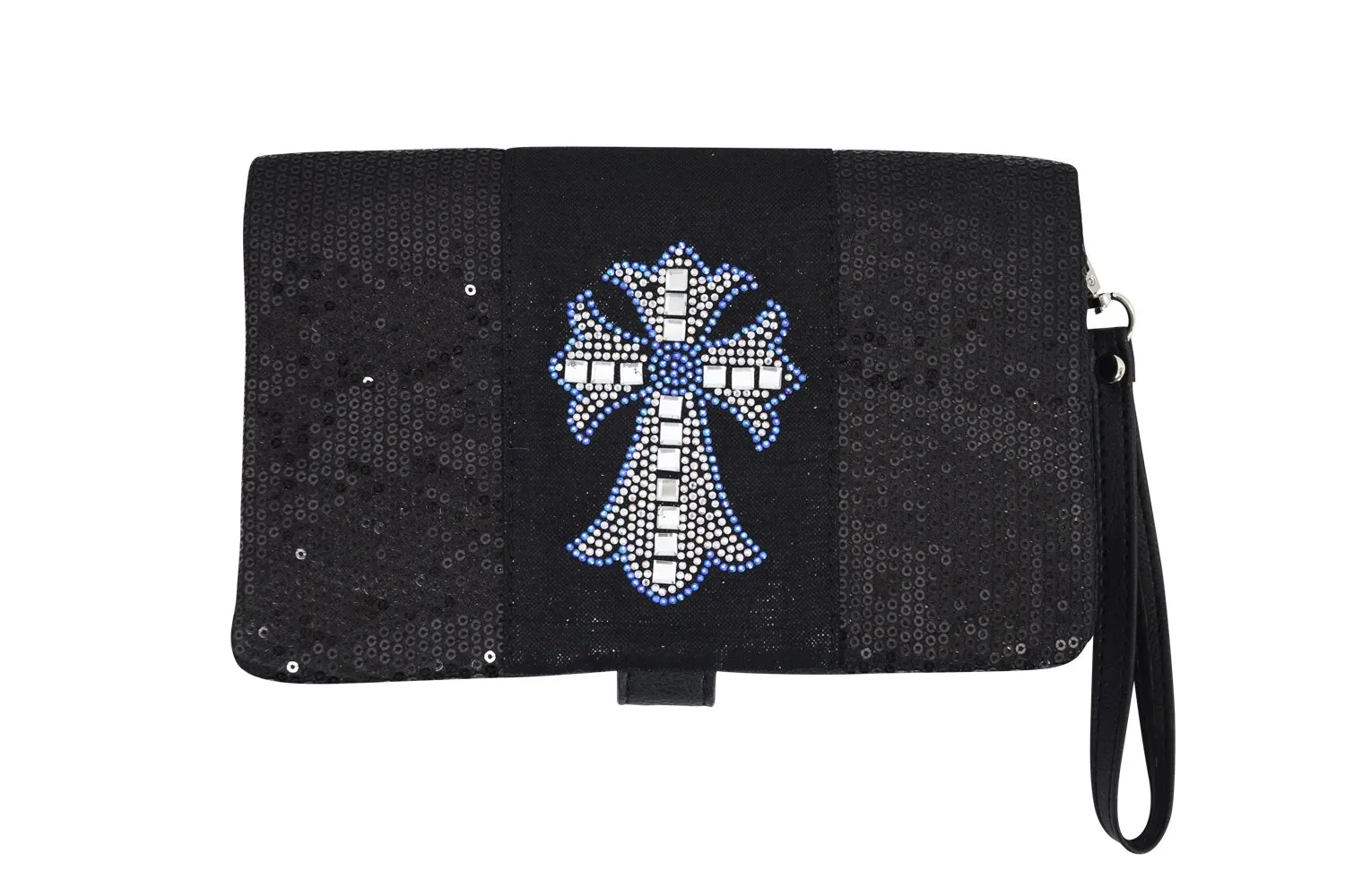 Crystal Cross Black Sequin Beaded Foldover Crossbody Bag - Wristlet Bag