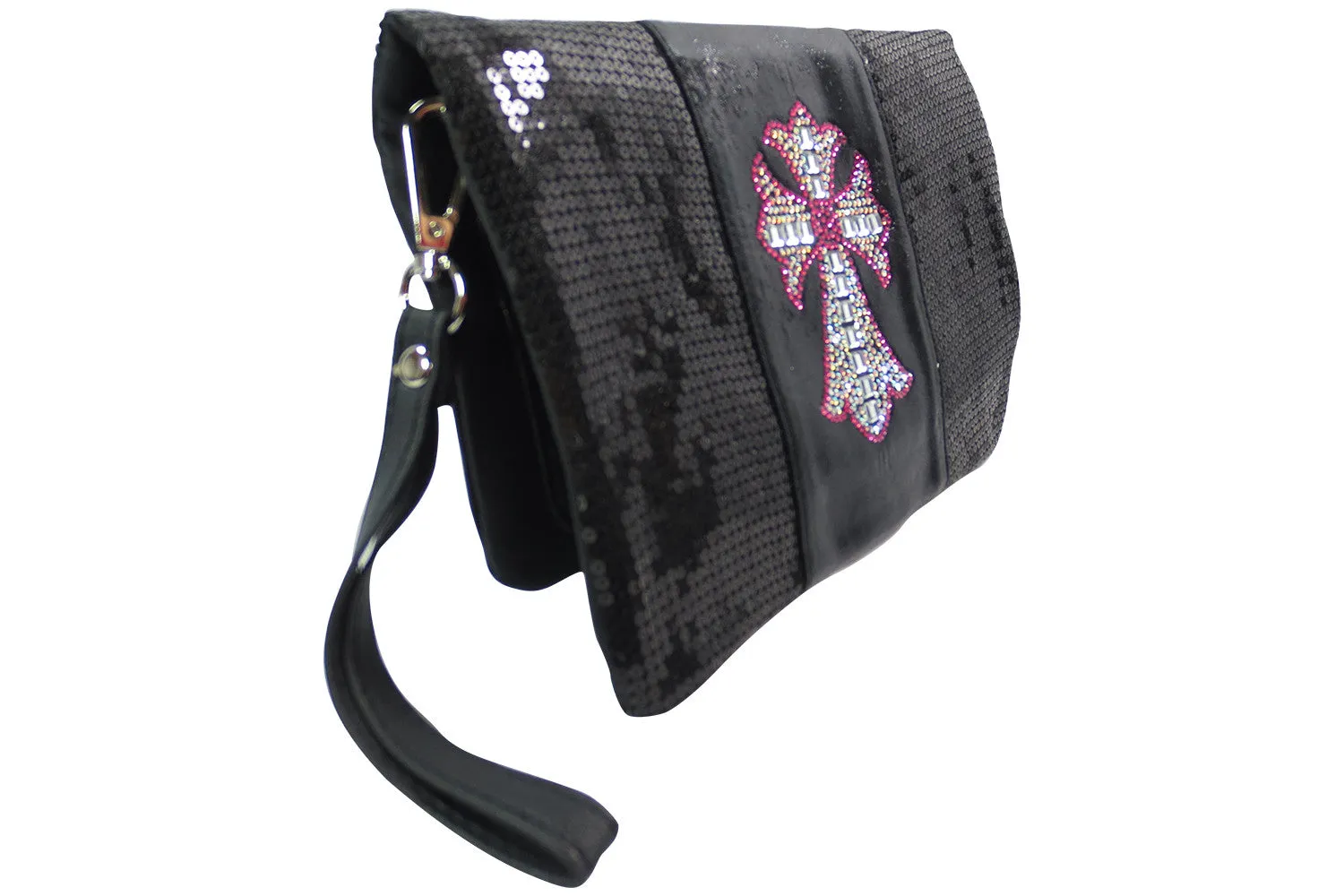 Crystal Cross Black Sequin Beaded Foldover Crossbody Bag - Wristlet Bag