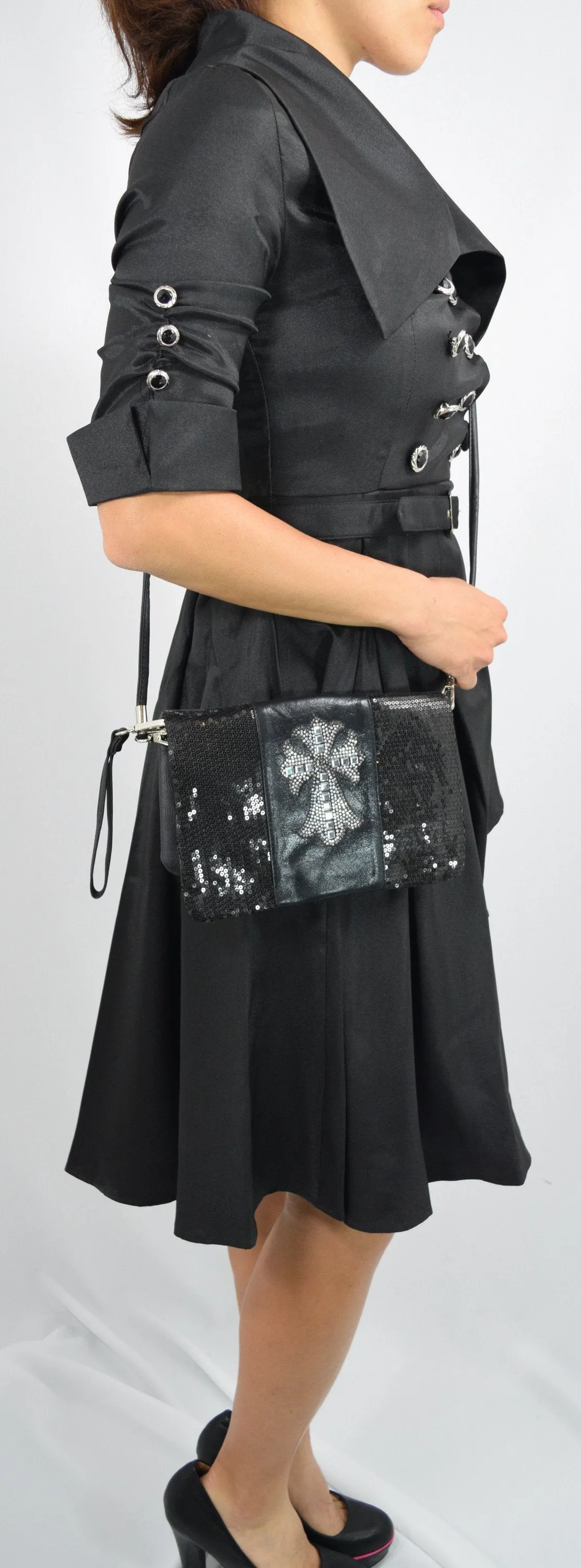 Crystal Cross Black Sequin Beaded Foldover Crossbody Bag - Wristlet Bag