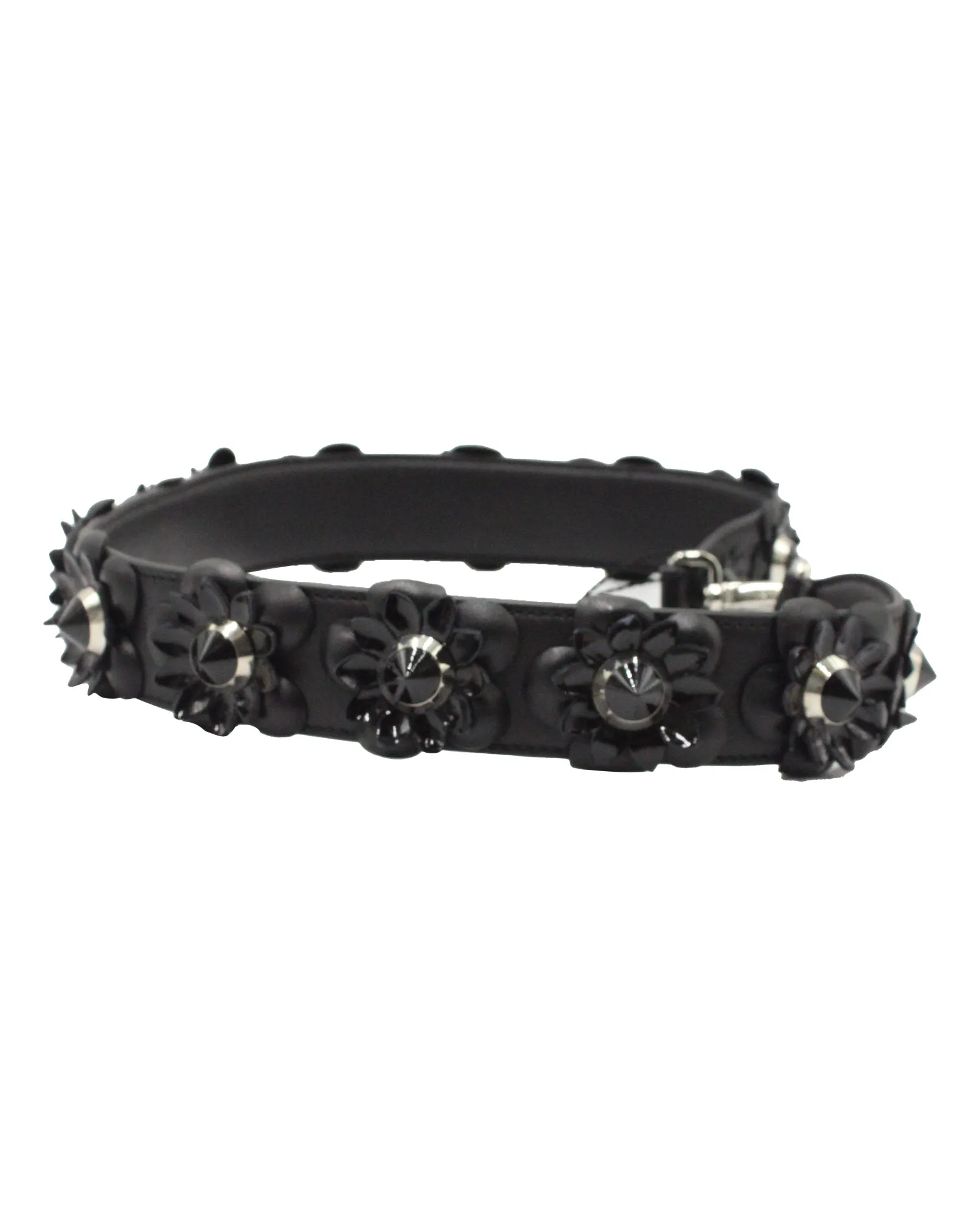 Fendi Vitello Dolce Flowerland Studded Shoulder Strap in Black Nappa Leather