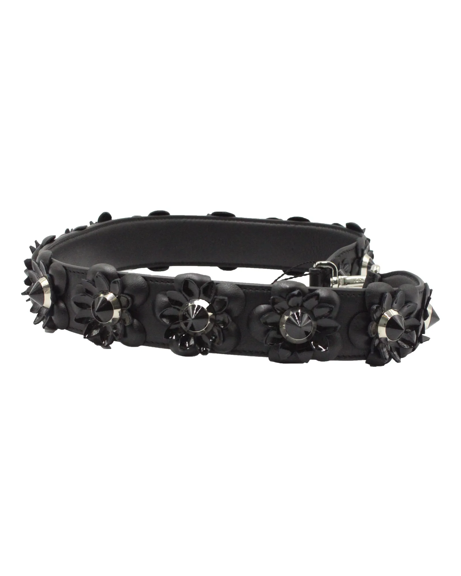 Fendi Vitello Dolce Flowerland Studded Shoulder Strap in Black Nappa Leather