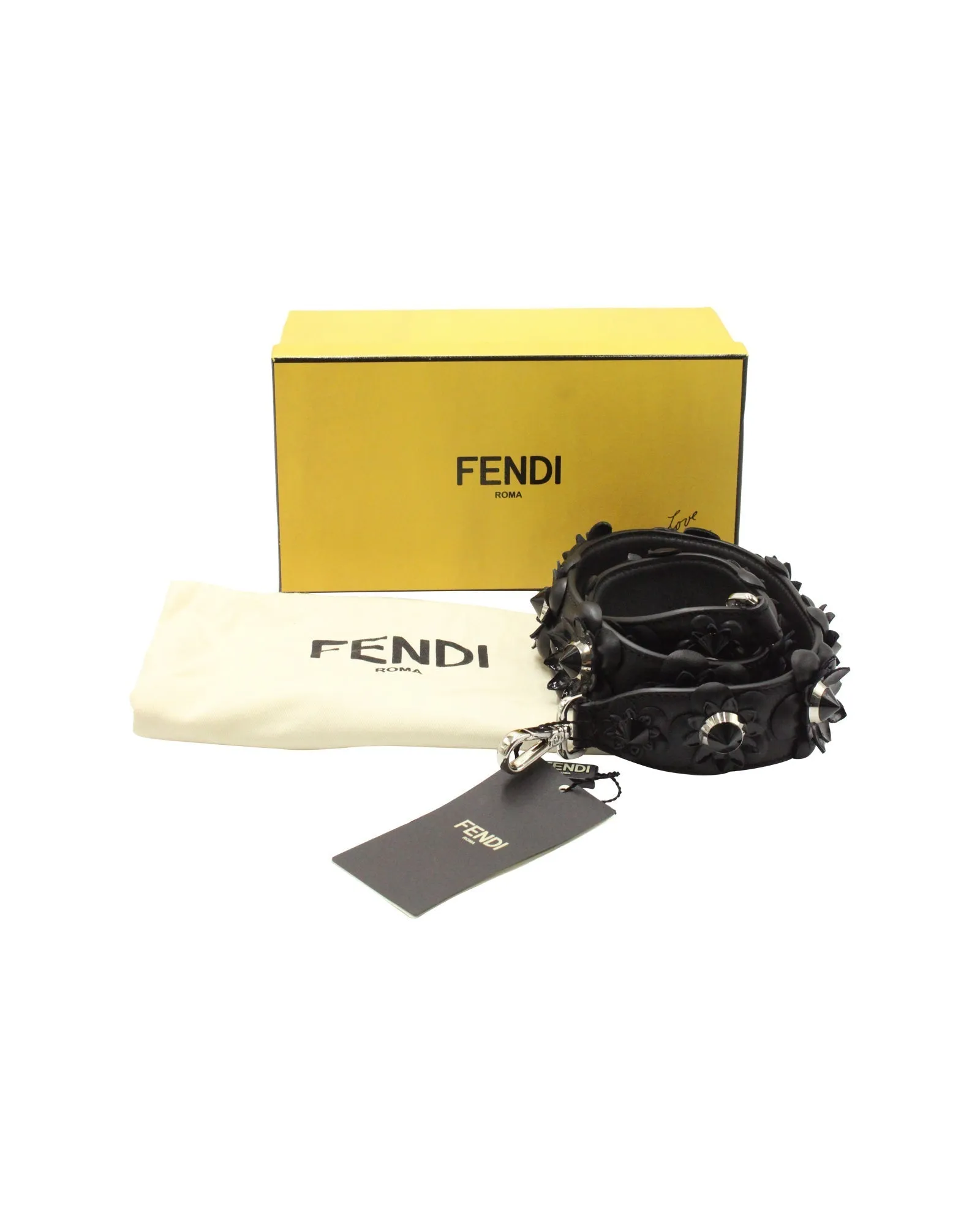 Fendi Vitello Dolce Flowerland Studded Shoulder Strap in Black Nappa Leather