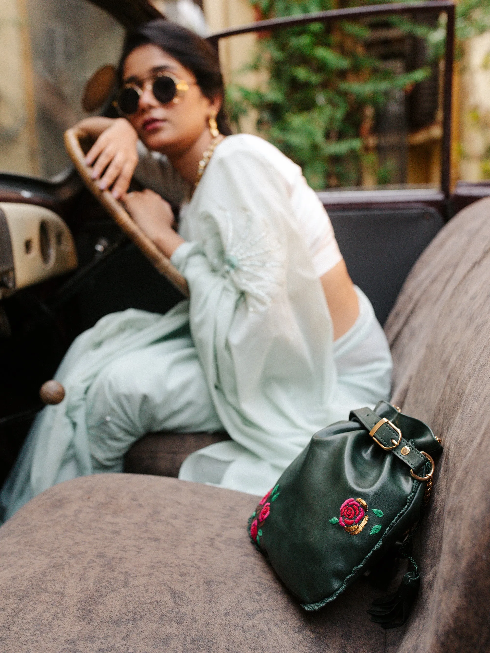 Green Hand Embroidered Roses Potli Bag