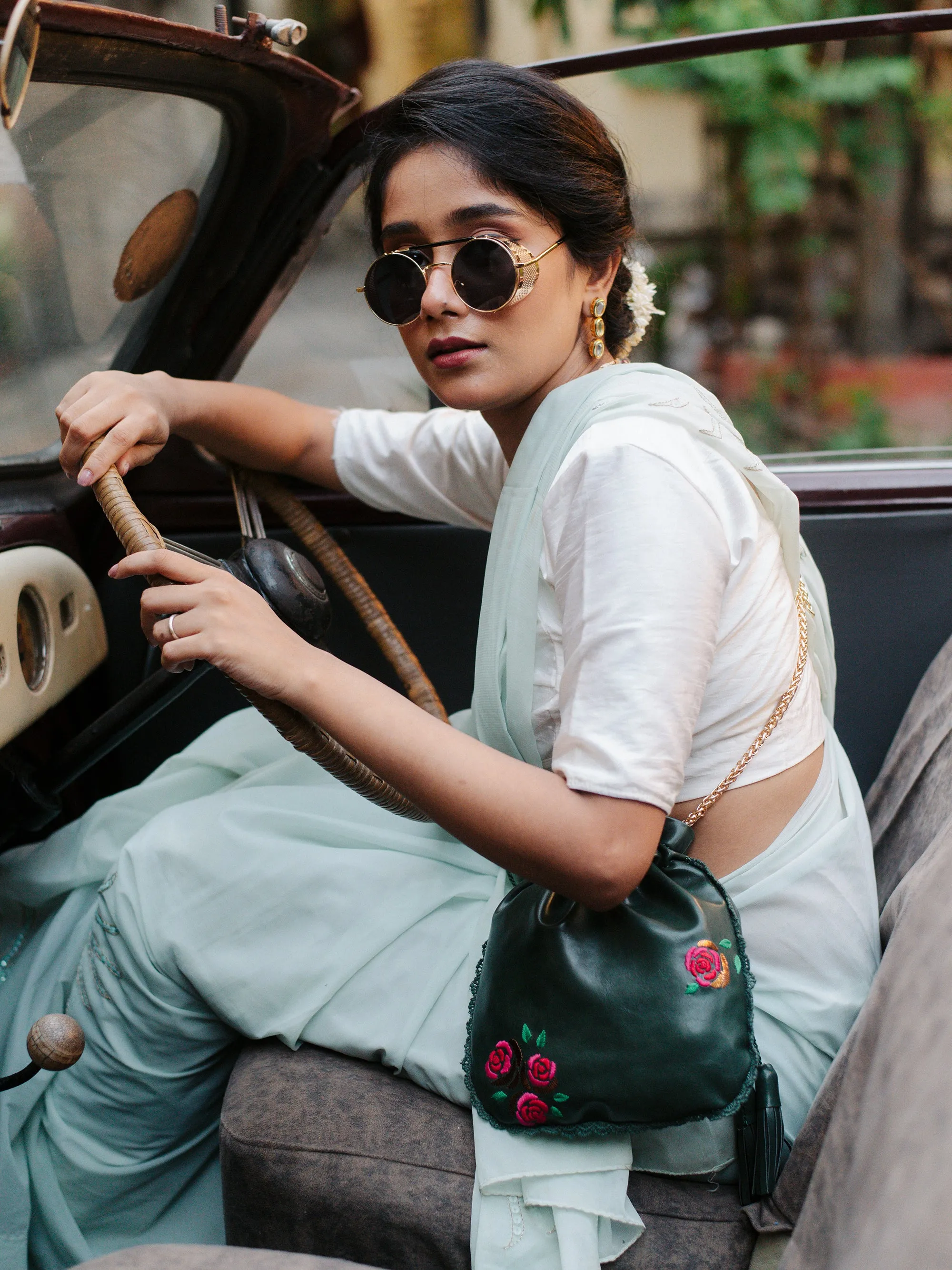 Green Hand Embroidered Roses Potli Bag