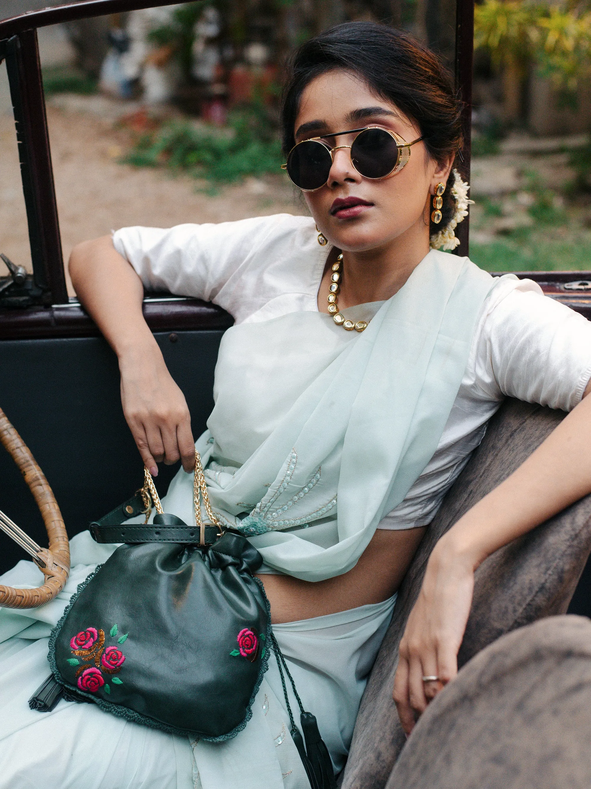 Green Hand Embroidered Roses Potli Bag