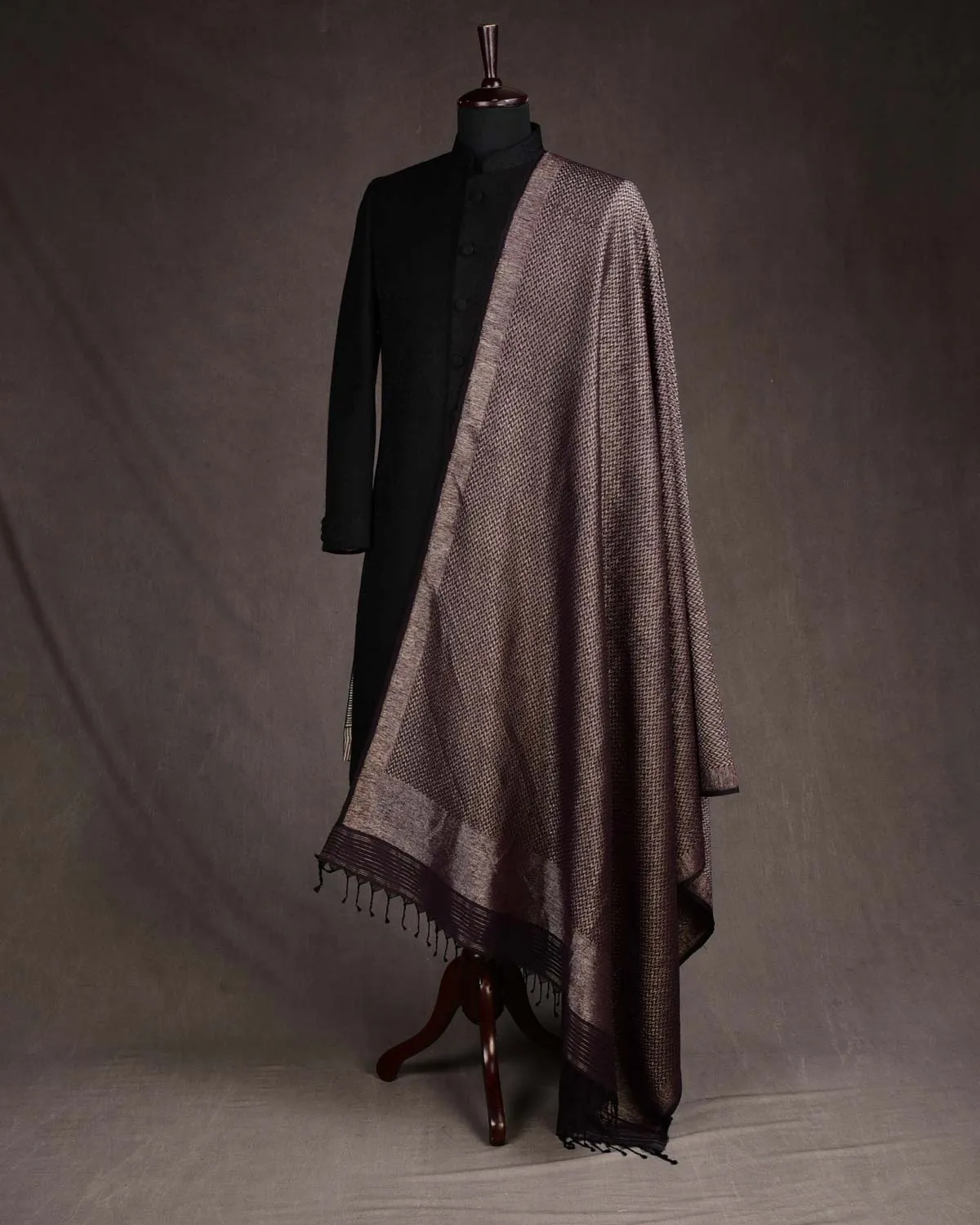 Mahogany Gold & Silver Zari Herringbone Brocade Handwoven Silk Wool Unisex Dress Shawl