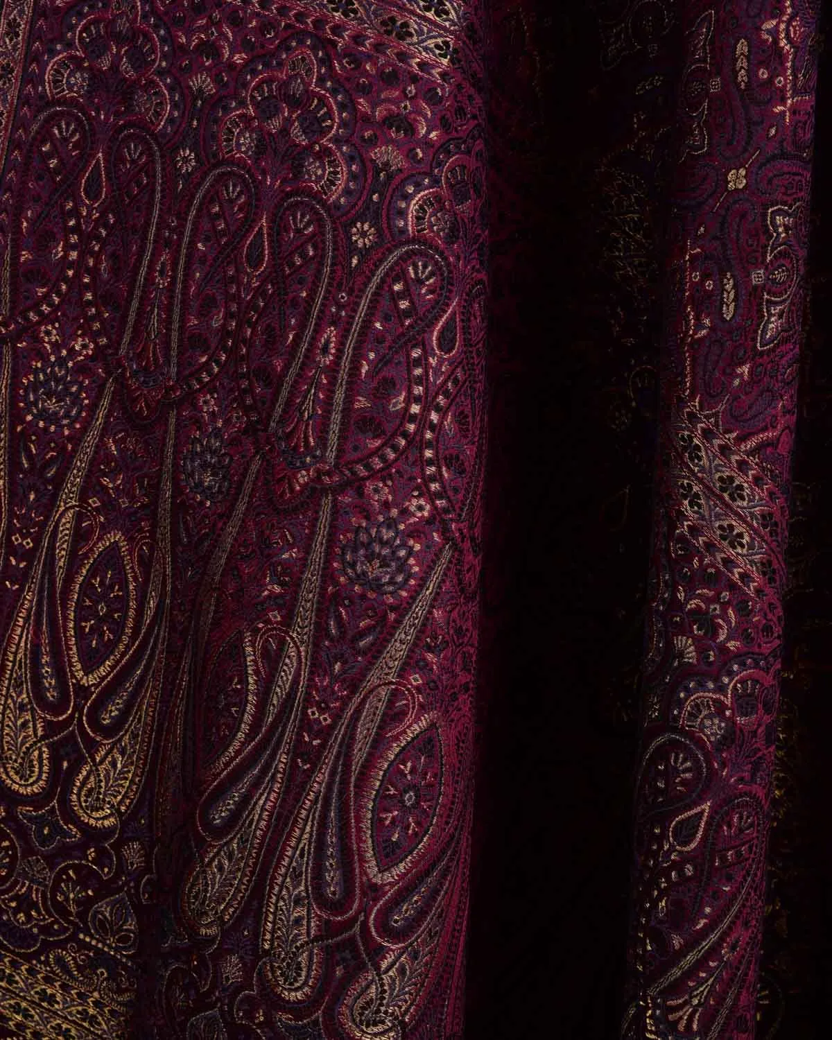 Mahogany Tehra Traditional Jamawar Handwoven Silk Wool Unisex Dress Shawl with Gold Zari