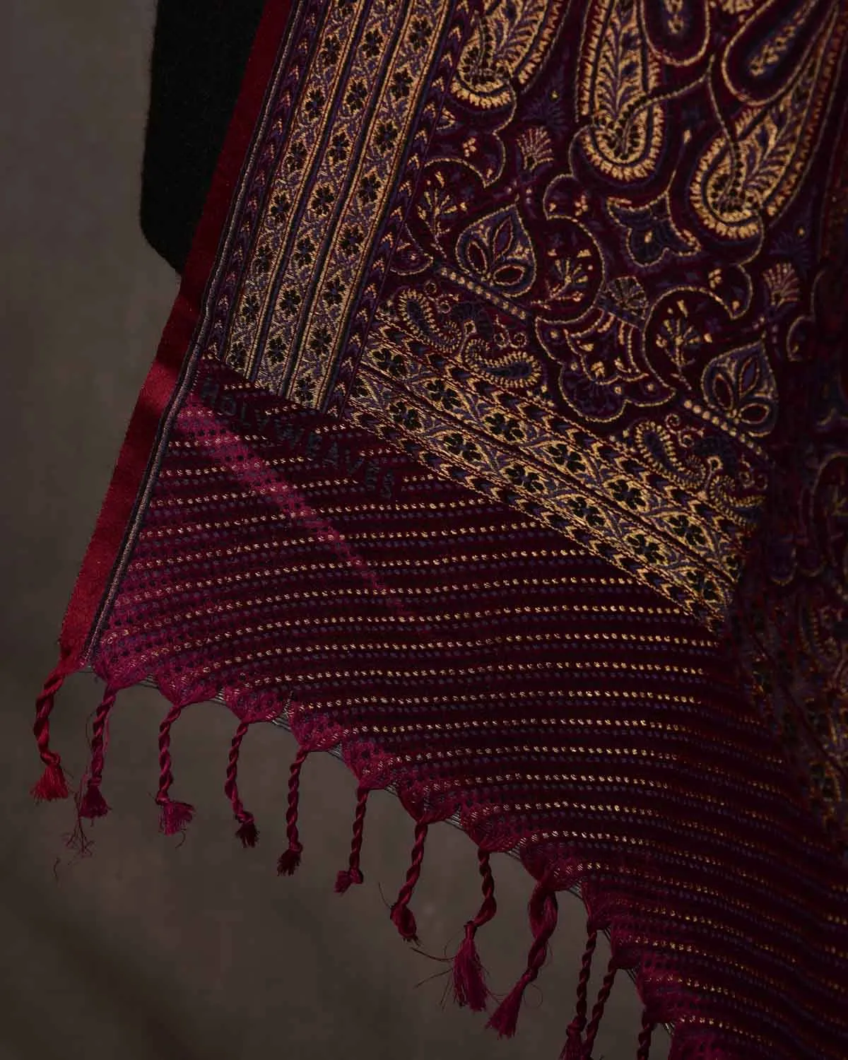Mahogany Tehra Traditional Jamawar Handwoven Silk Wool Unisex Dress Shawl with Gold Zari