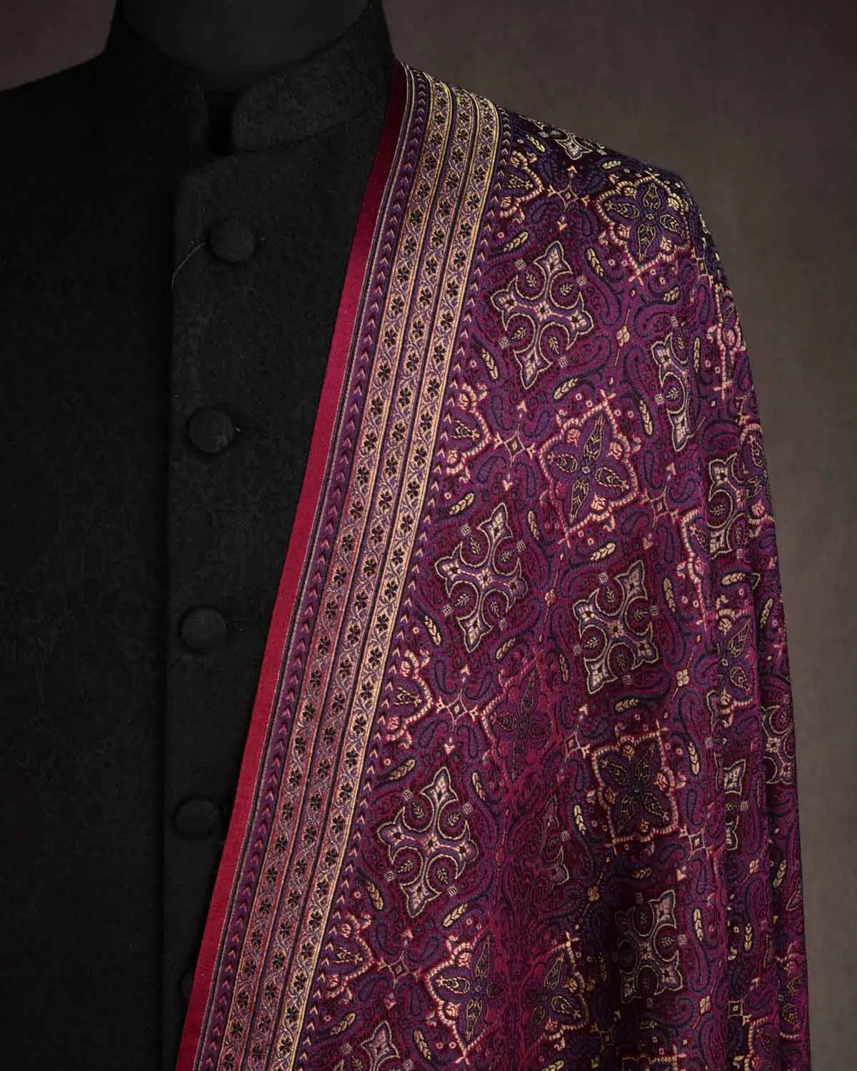 Mahogany Tehra Traditional Jamawar Handwoven Silk Wool Unisex Dress Shawl with Gold Zari