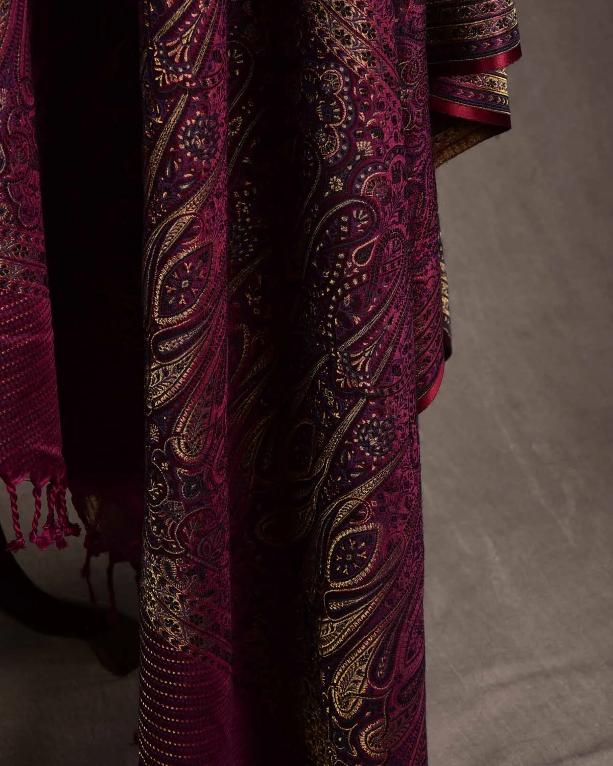 Mahogany Tehra Traditional Jamawar Handwoven Silk Wool Unisex Dress Shawl with Gold Zari