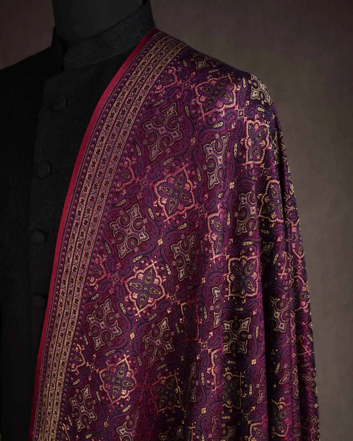 Mahogany Tehra Traditional Jamawar Handwoven Silk Wool Unisex Dress Shawl with Gold Zari