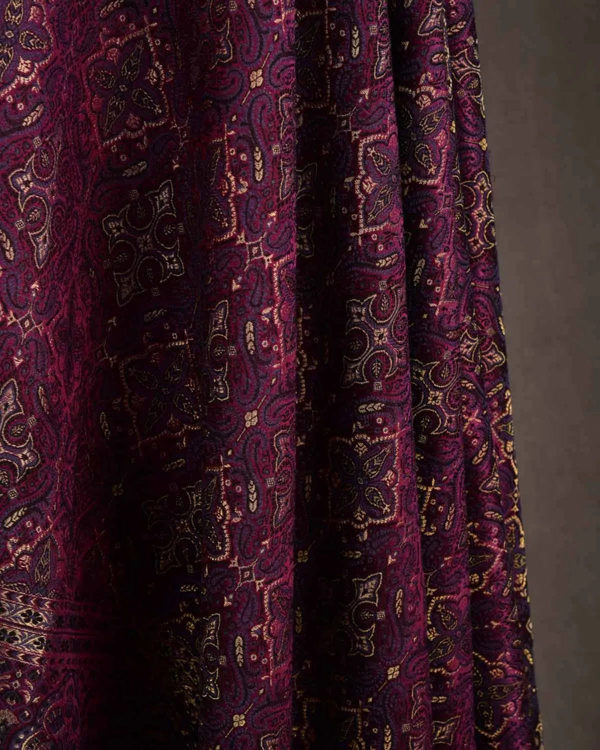 Mahogany Tehra Traditional Jamawar Handwoven Silk Wool Unisex Dress Shawl with Gold Zari